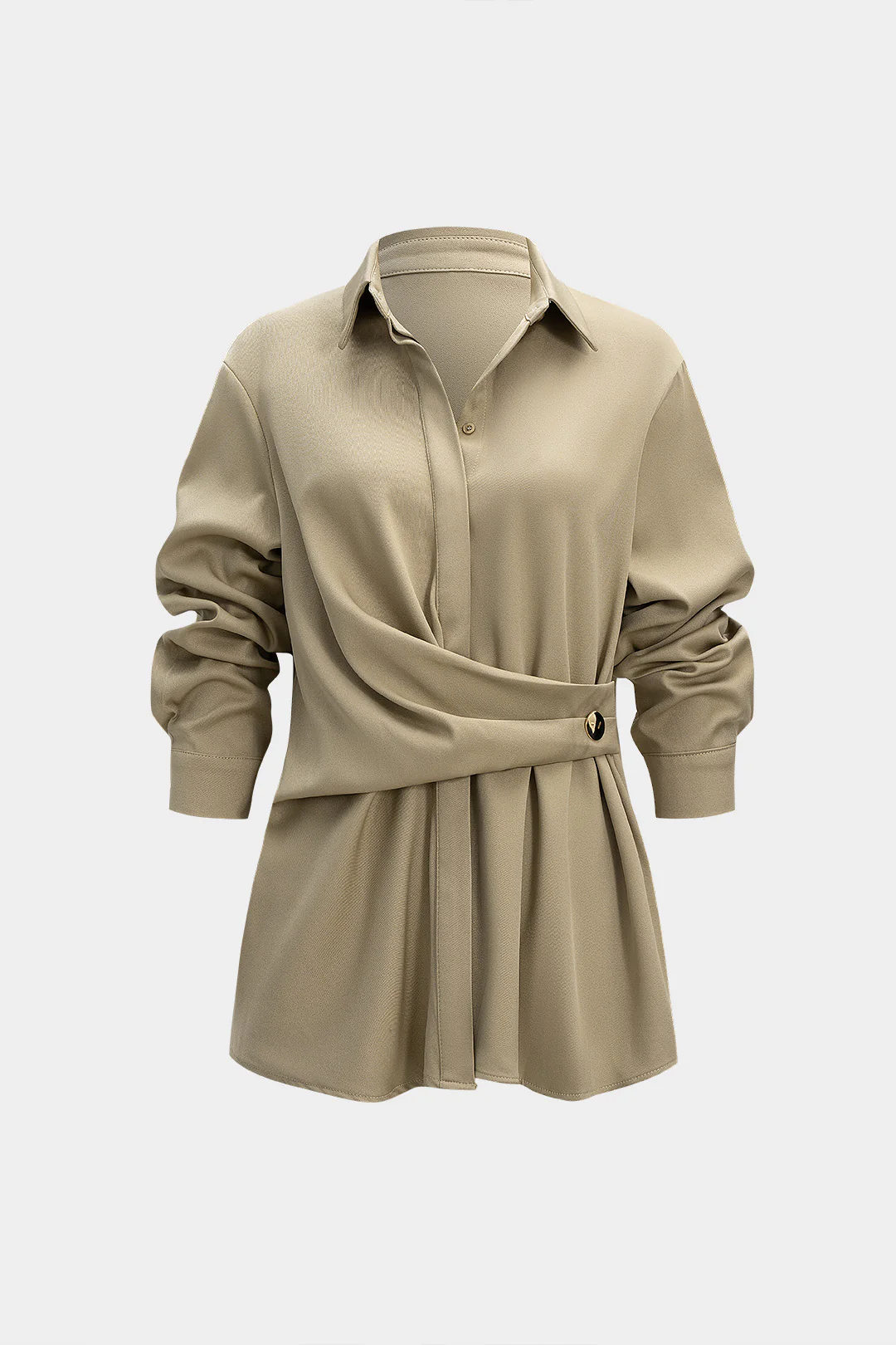 Polo Collar Asymmetric Ruched Long Sleeve Top