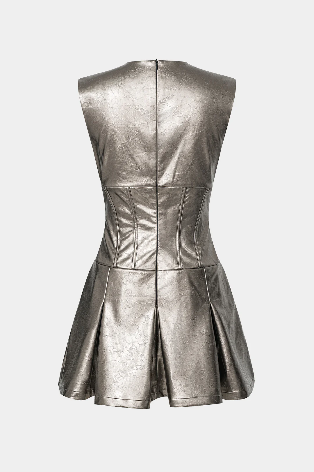 Faux Leather Fake Pocket V-Neck Sleeveless Mini Dress