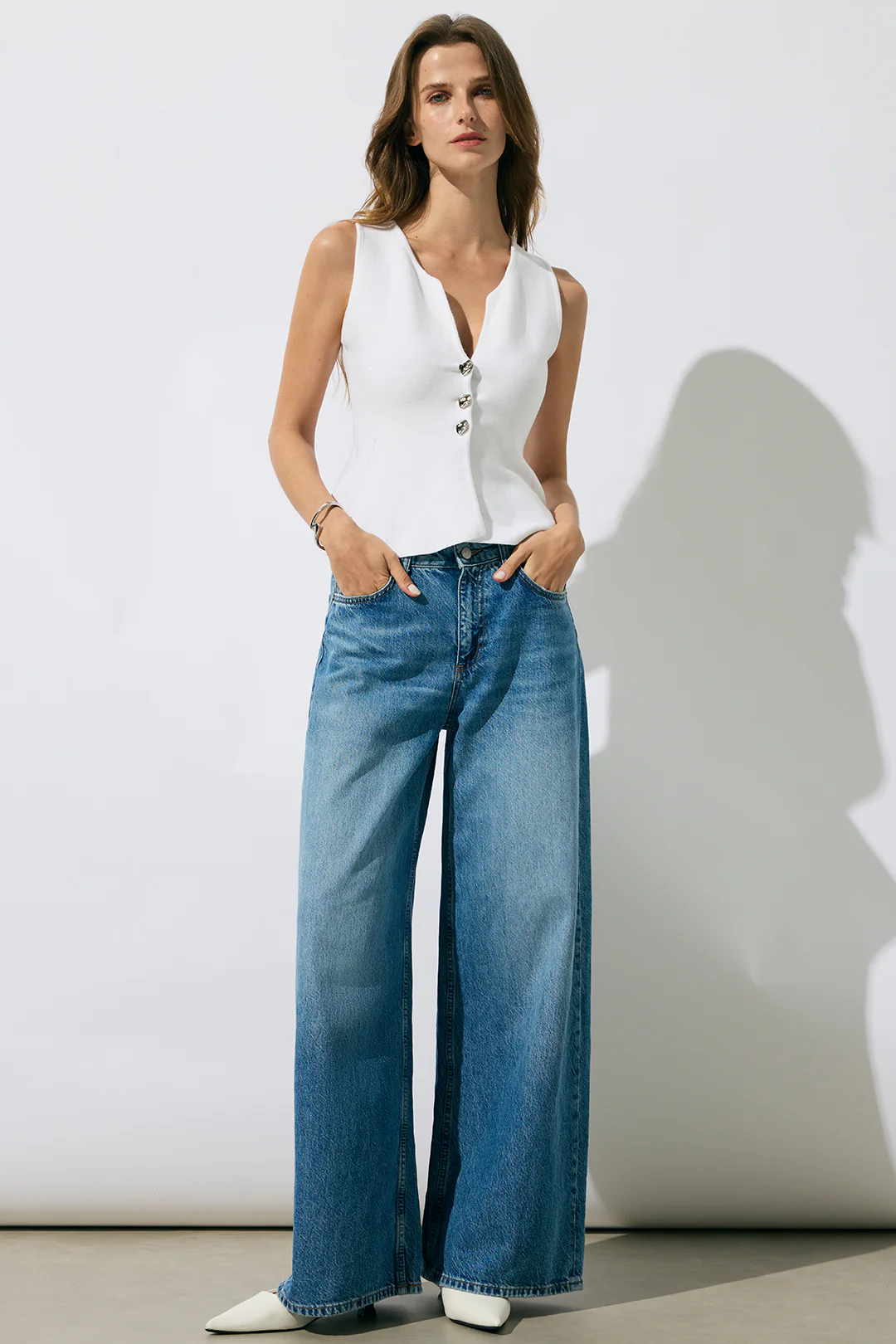 Knit Metallic Button Ruffle Hem Vest