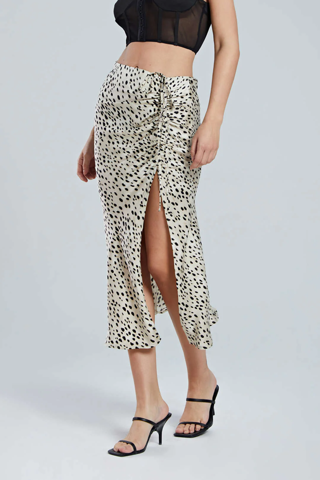 Leopard Print Drawstring Split Skirt