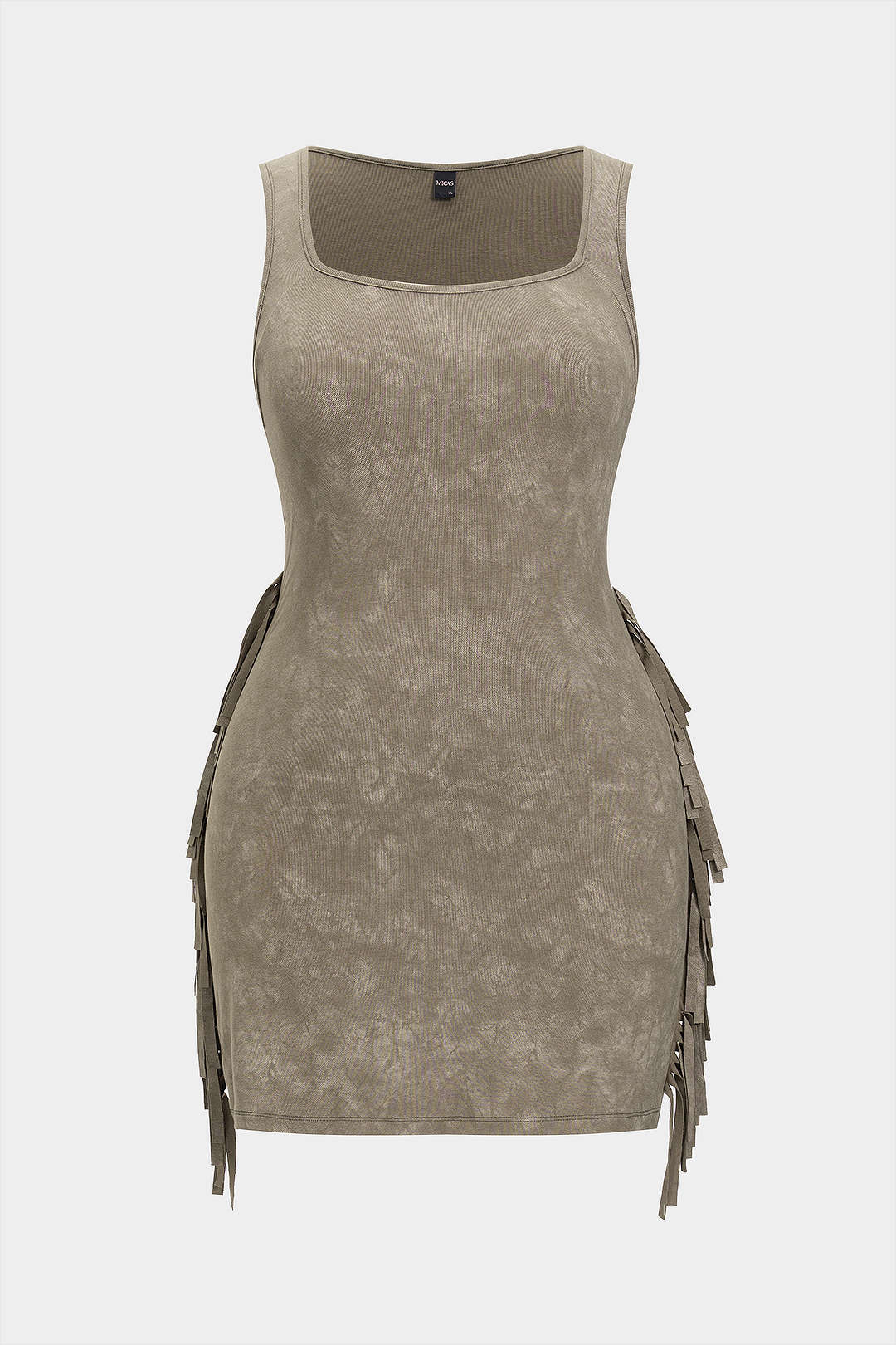 Plus Size Tie-Dye Printed Fringe Square-Neck Sleeveless Mini Dress