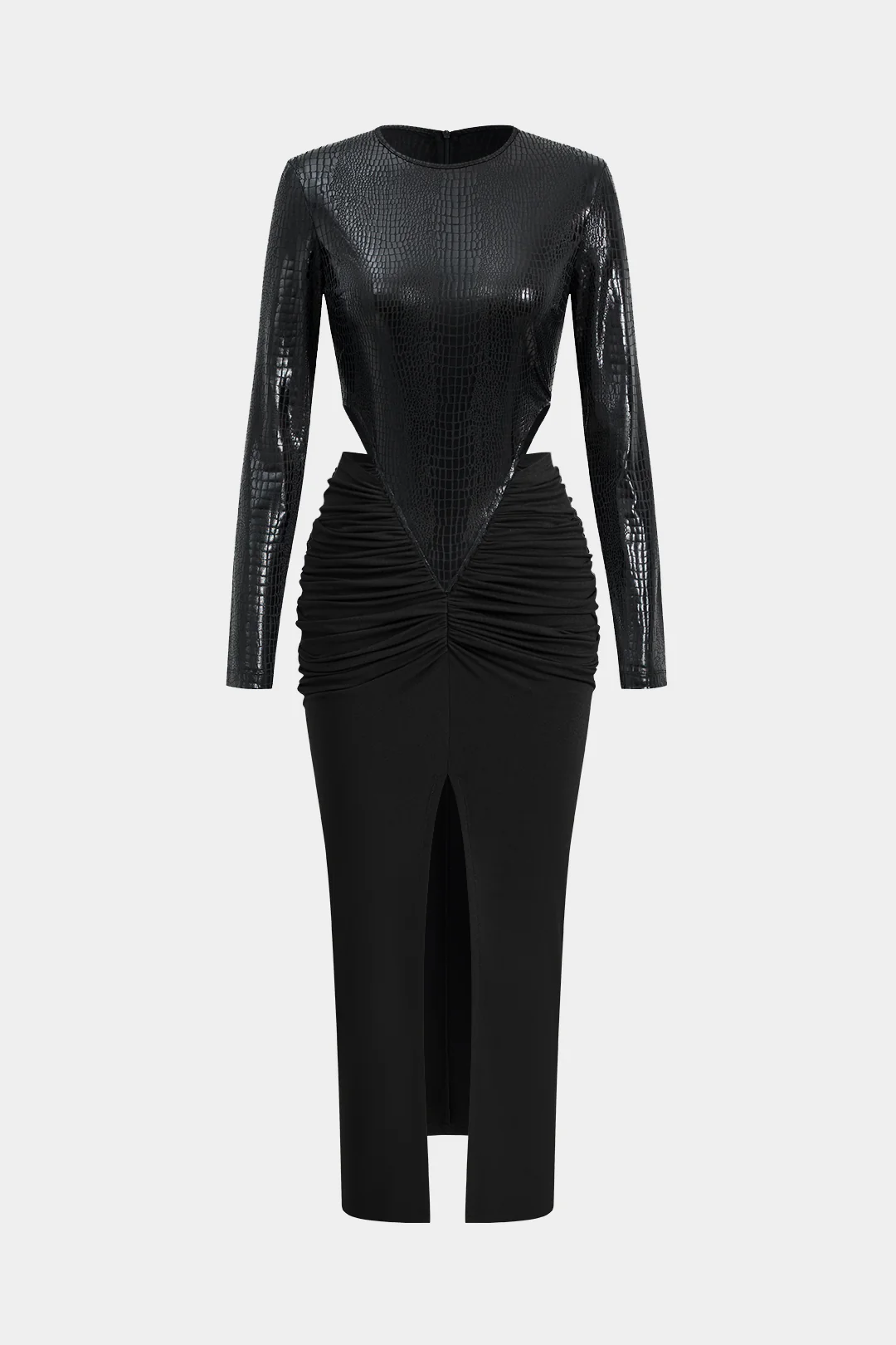 Faux Leather Patchwork Long Sleeve Maxi Dress