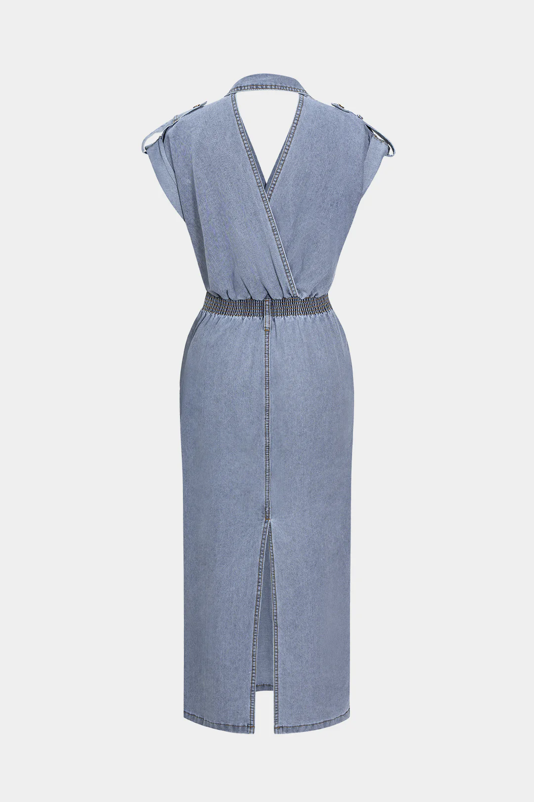 Denim Buttoned Shirred Short-Sleeve Dress