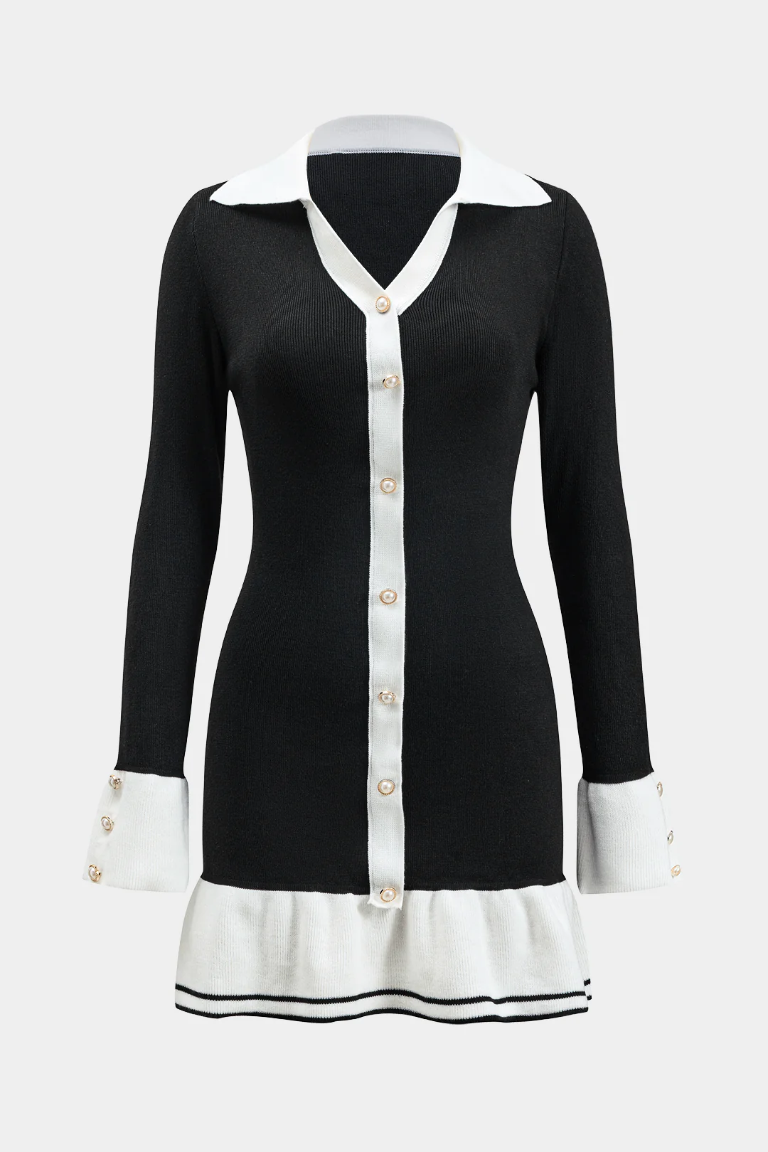 Contrasting Knit Ruffled Button Bell-Sleeve Dress