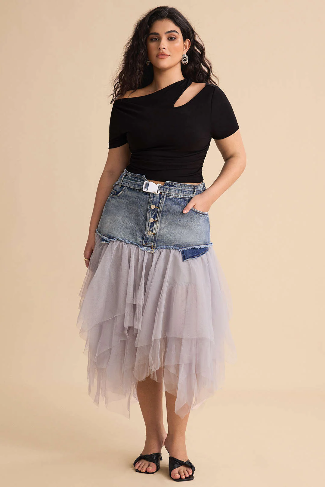 Plus Size Denim Mesh Patchwork High-Waisted Skirt