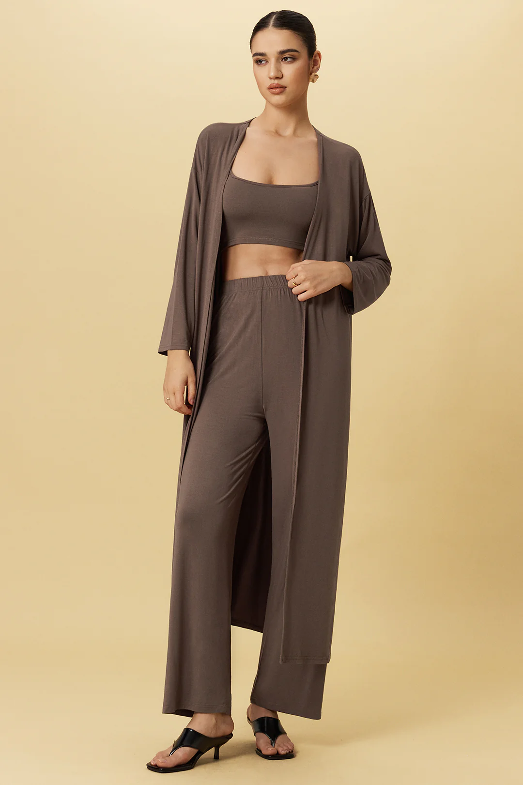 Basic Solid Cami Top And Long-Sleeve Cardigan And Trousers Set