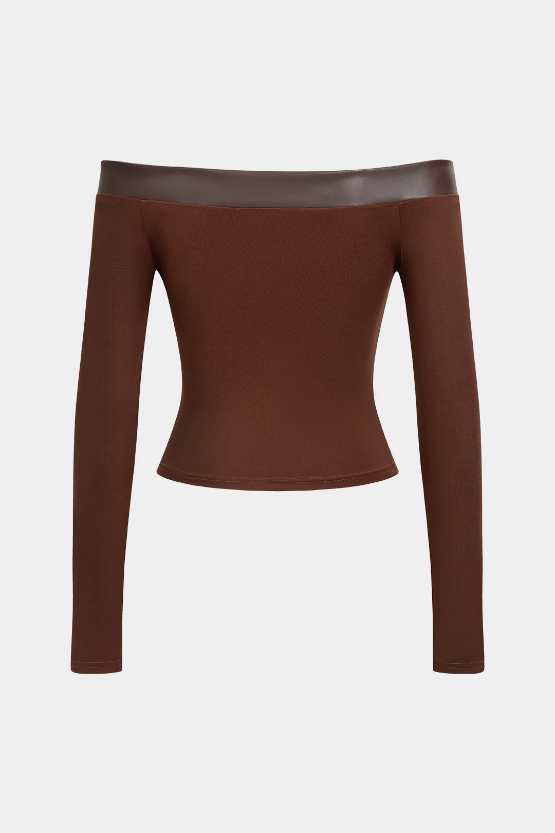 Off-the-Shoulder Faux Leather Patchwork Cut-Out Long-Sleeve Top