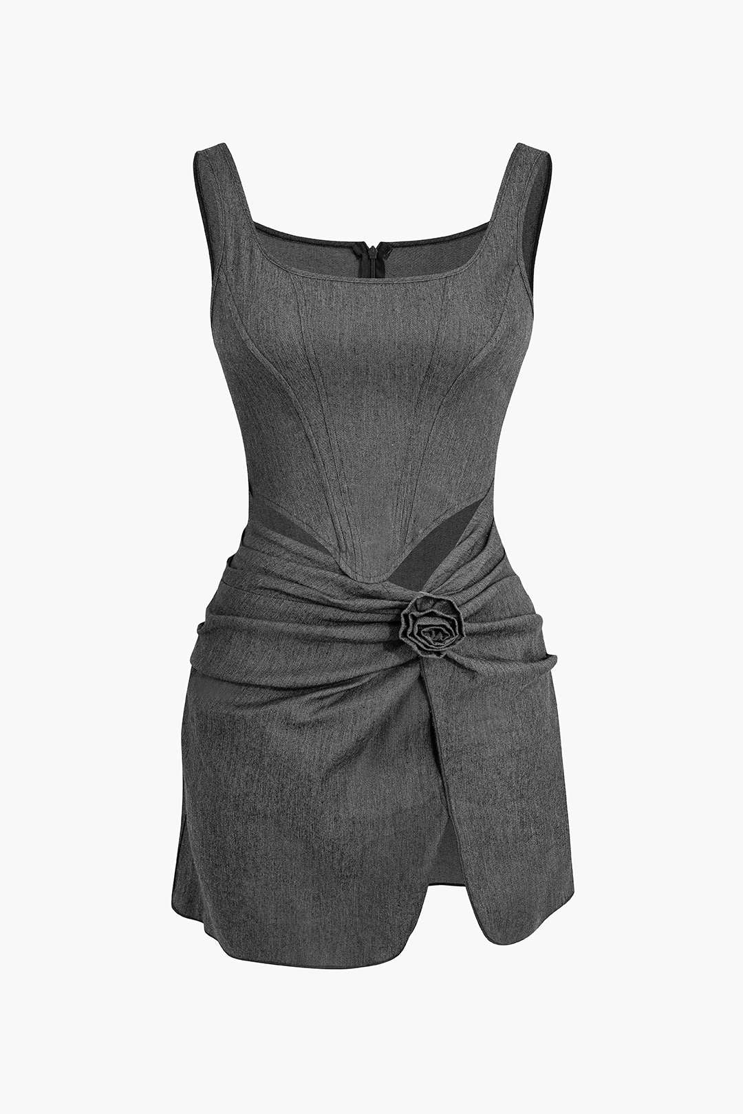 3D Floral Ruched Tank Denim Dress