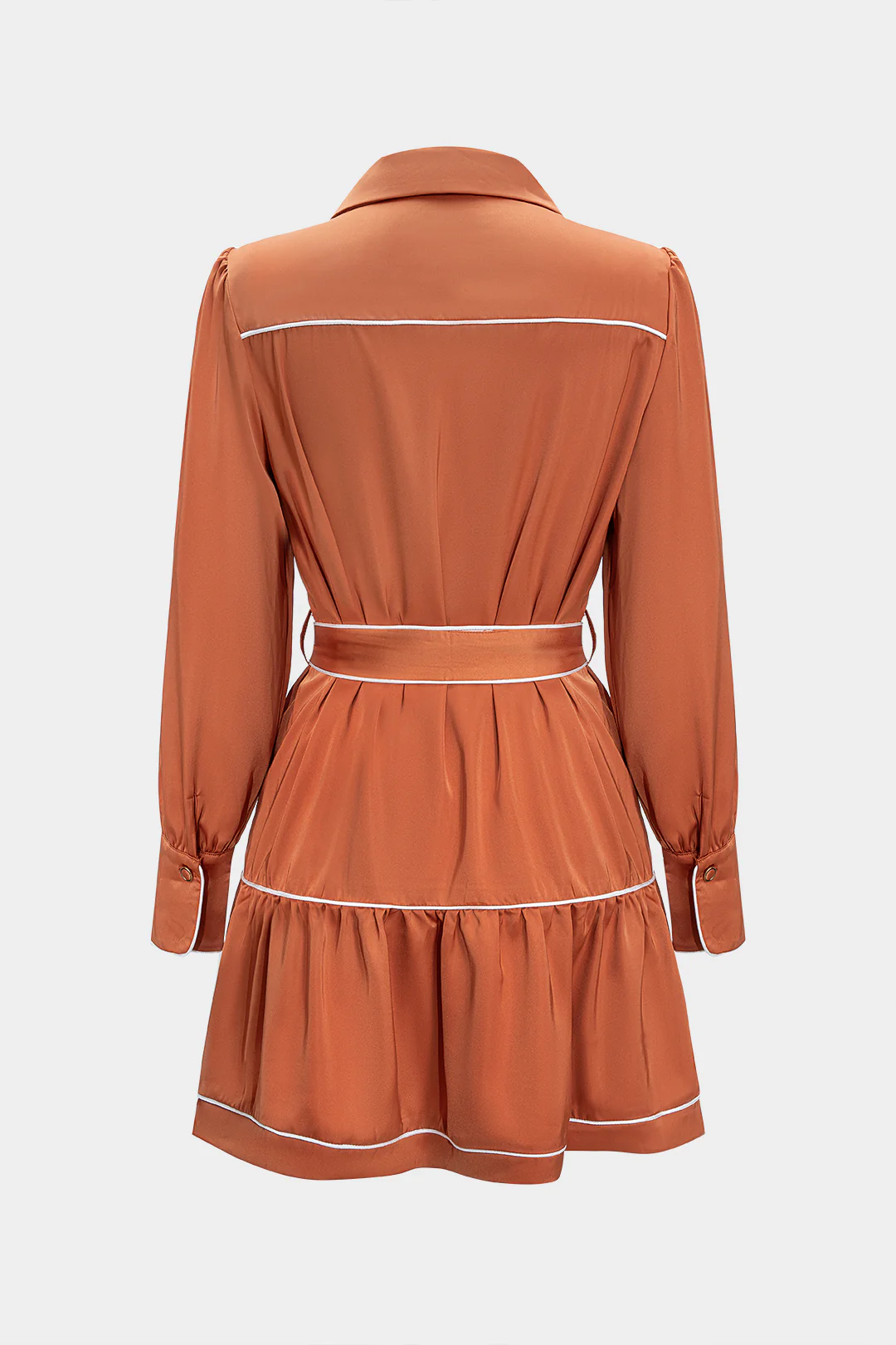 Satin Contrast Binding Tie-Front Long Sleeve Mini Dress