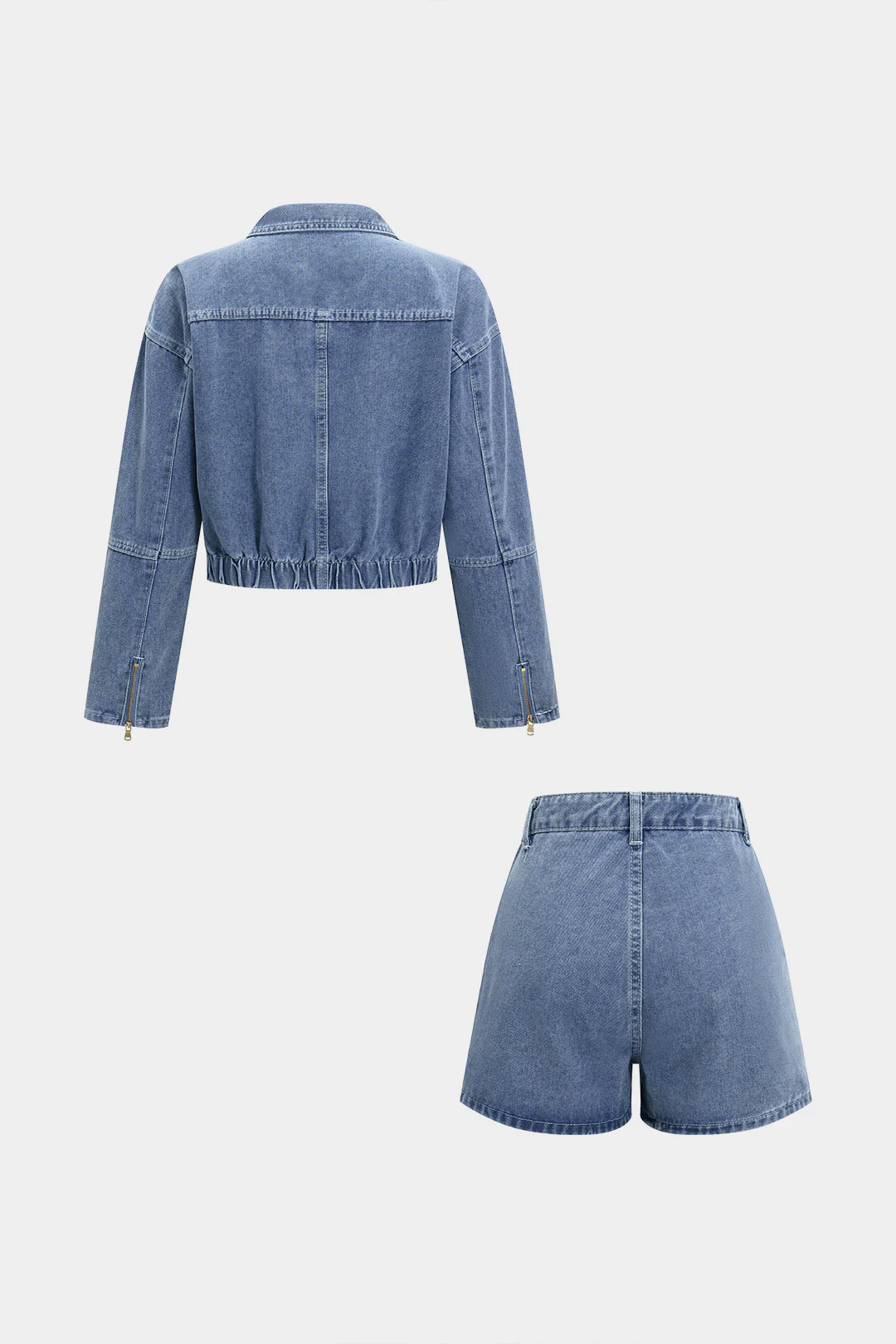 Denim Zipper Pocket Long-Sleeve Top And Tie-Up Jorts Set