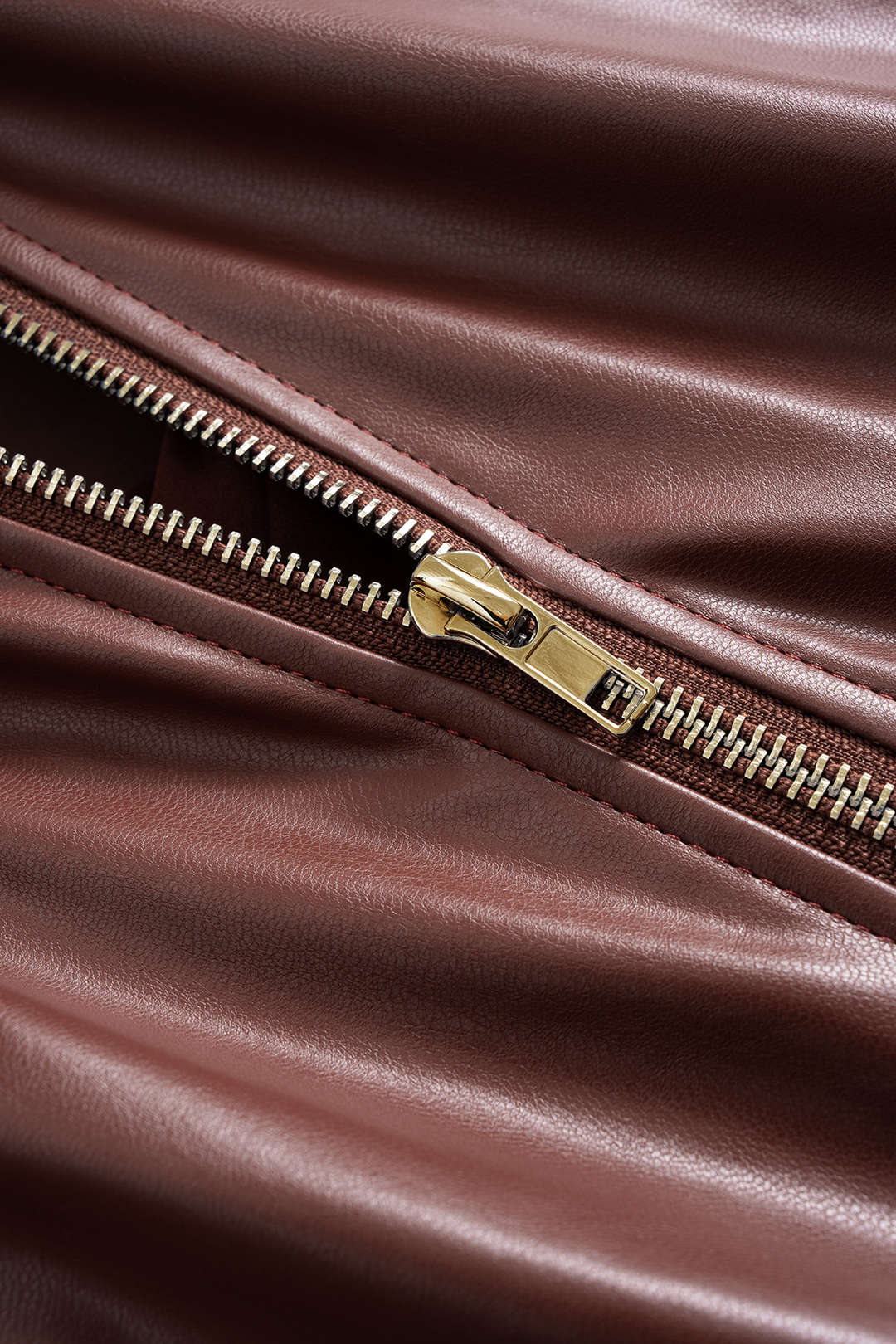 Faux Leather Ruched Zipper Long Sleeve Top