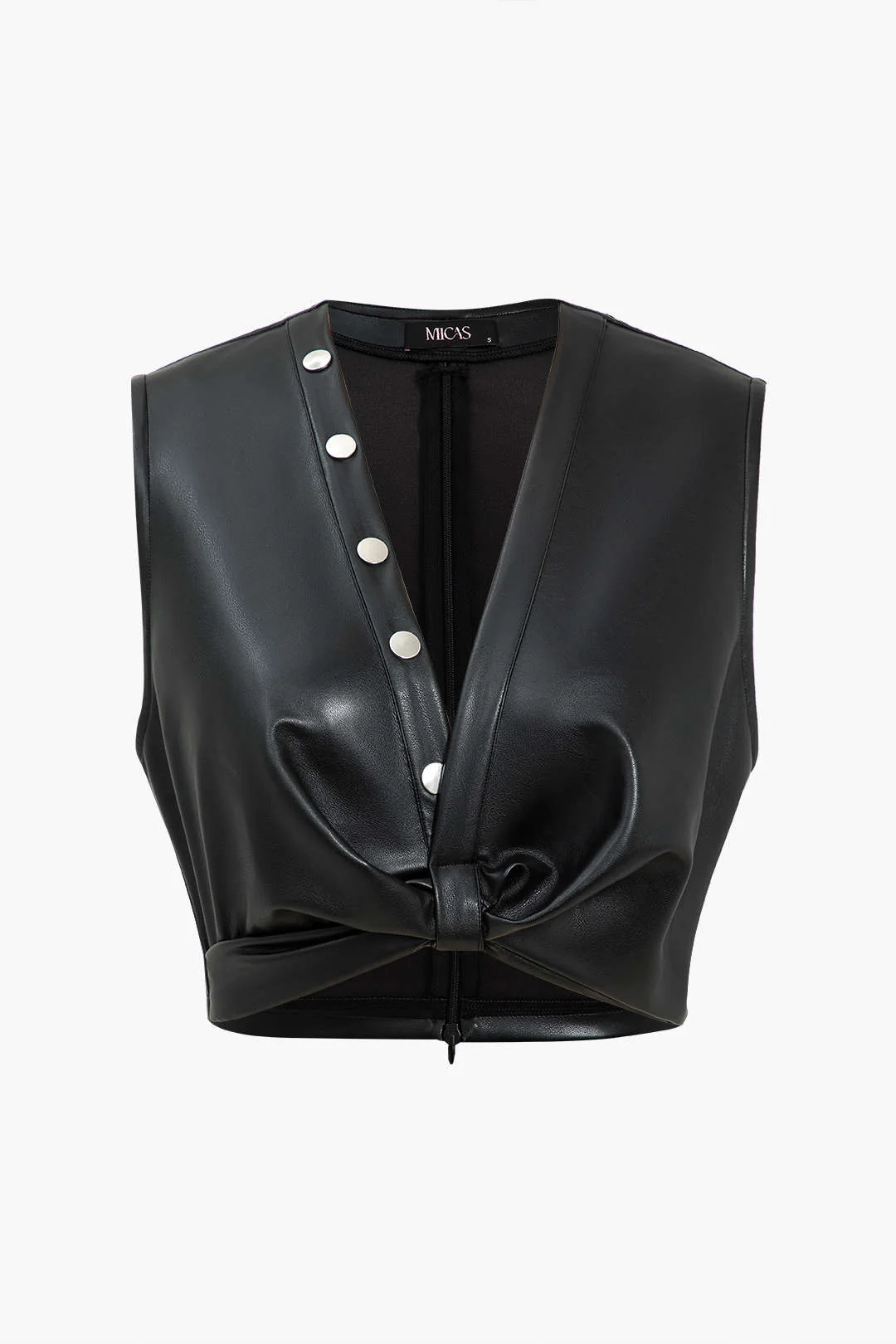 Button Detail Twisted Front Faux Leather Crop Tank Top