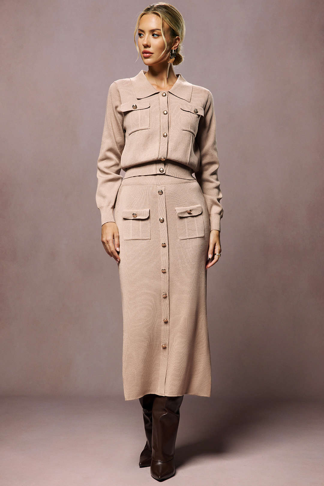 Cropped Button-Up Knit Top and Maxi Skirt Ensemble