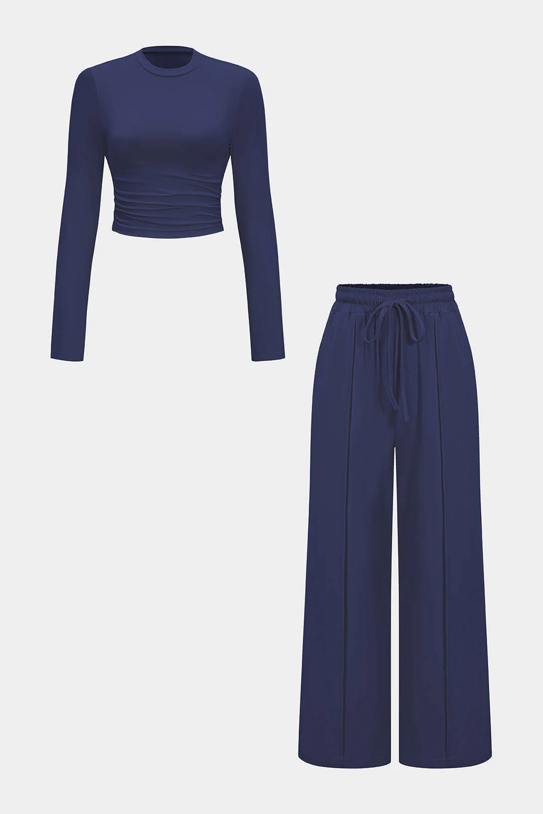 Ruched Long Sleeve Top and Tie-up High Waist Wide Leg Trousers Outfit Set