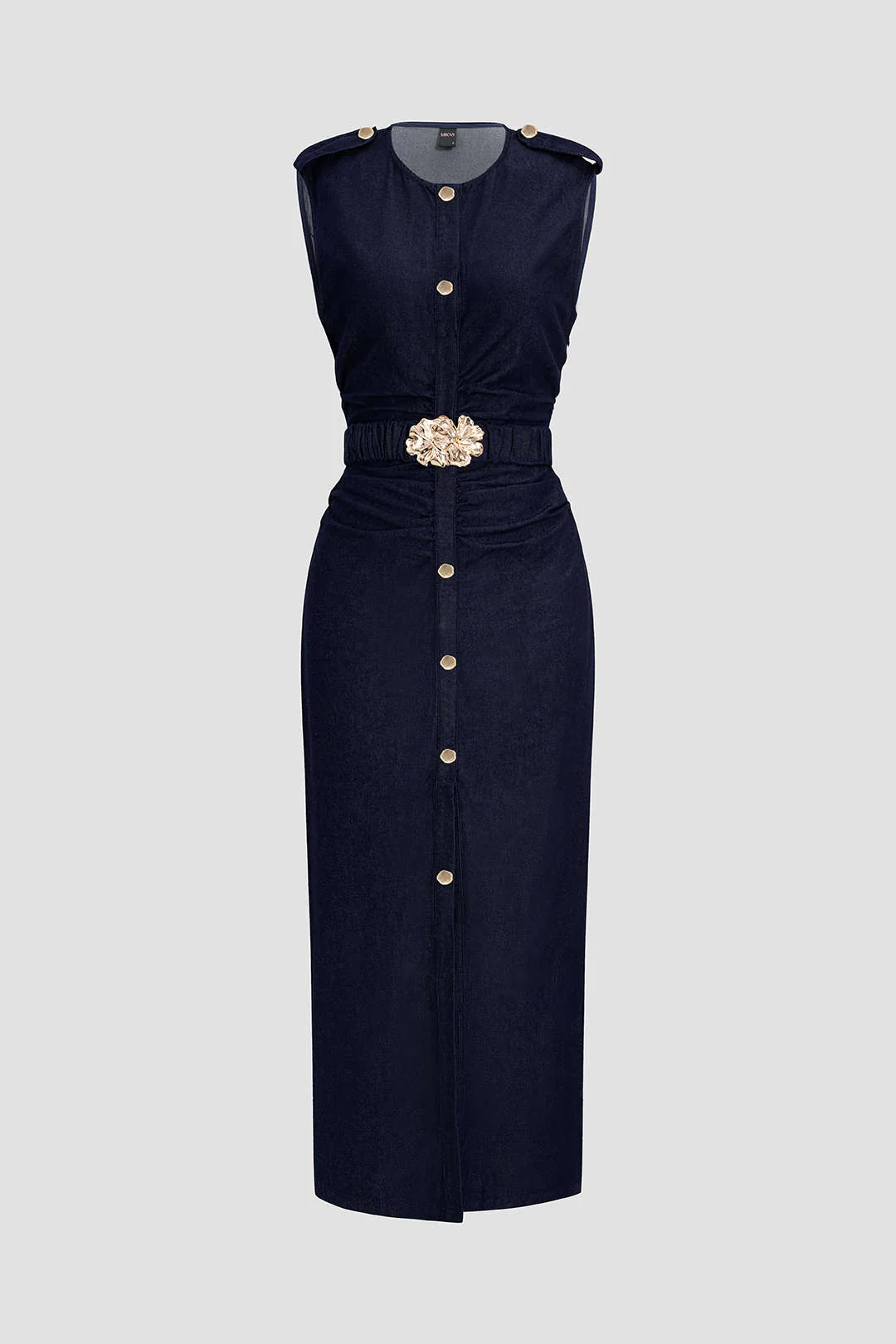 Metallic Button Belted Ruched Short Sleeve Denim Dress