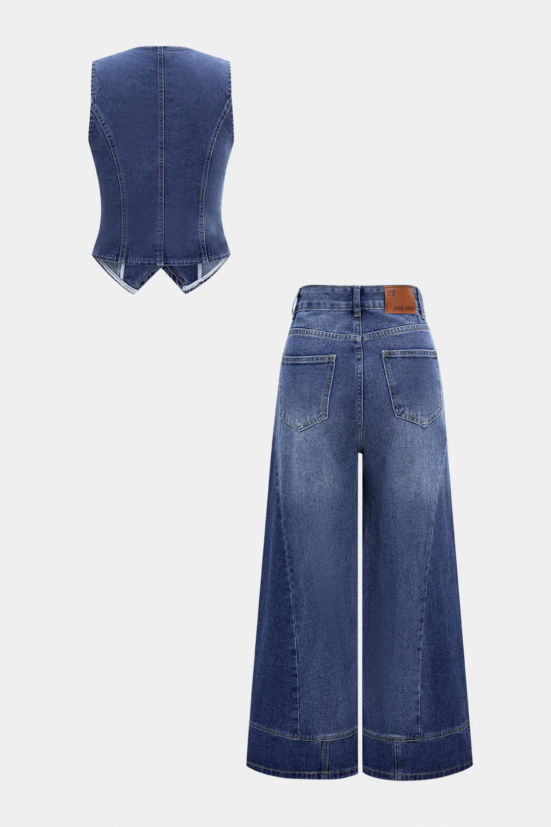 Denim Washed Button Tank Top And Ripped High Waist Wide Leg Jeans Set