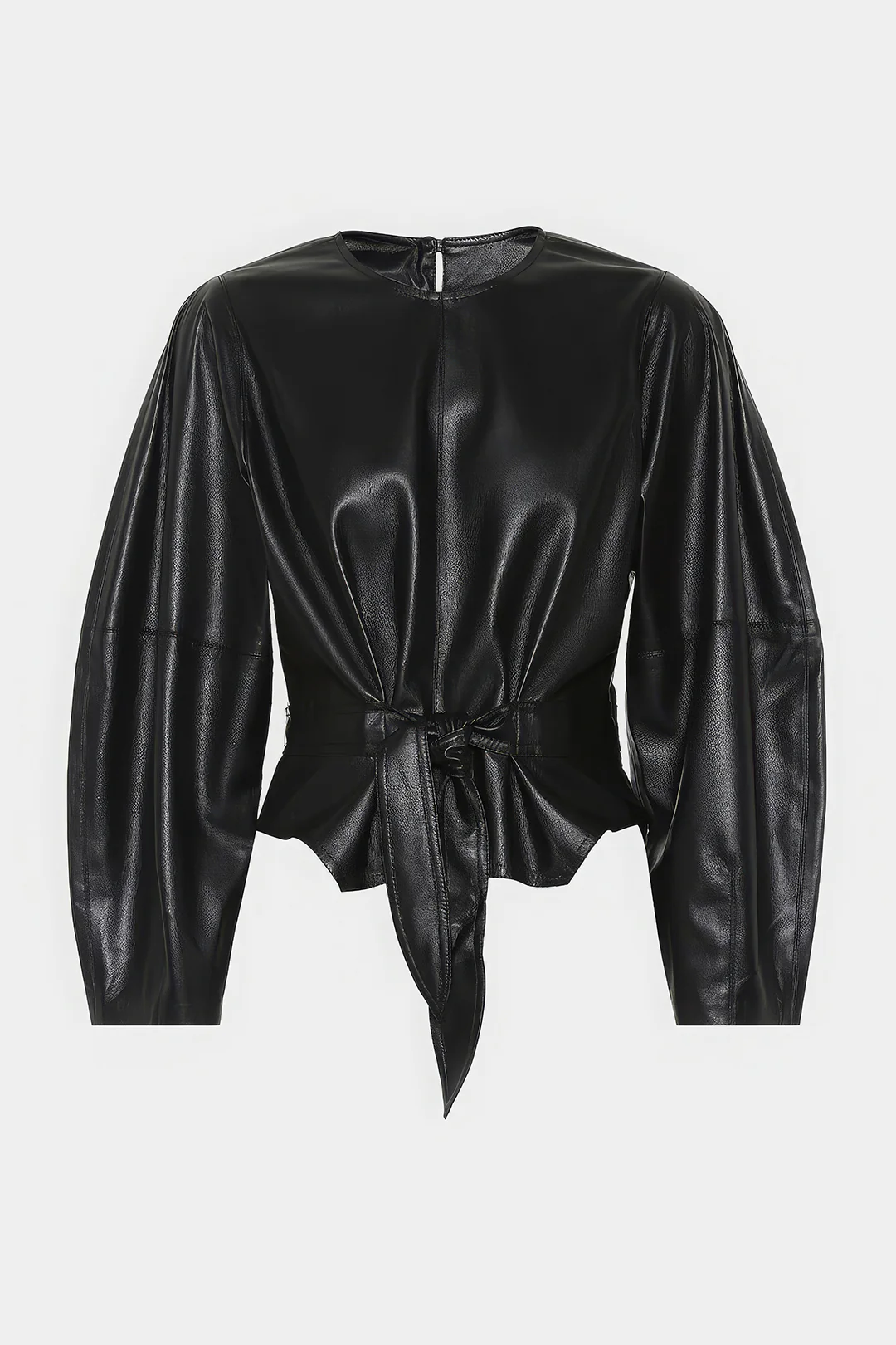 Faux Leather Tie-Front Round Neck Long-Sleeve Top