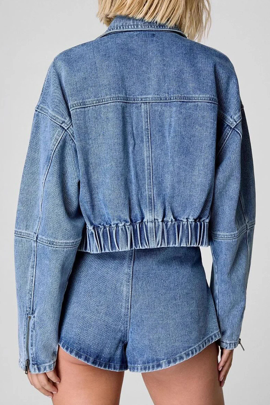 Denim Zipper Pocket Long-Sleeve Top And Tie-Up Jorts Set