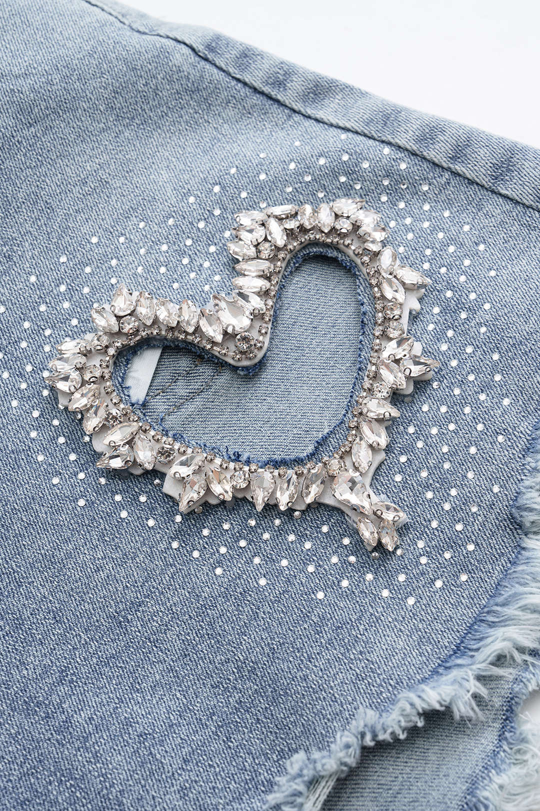 Denim Heart Pattern Rhinestone Frayed Shorts
