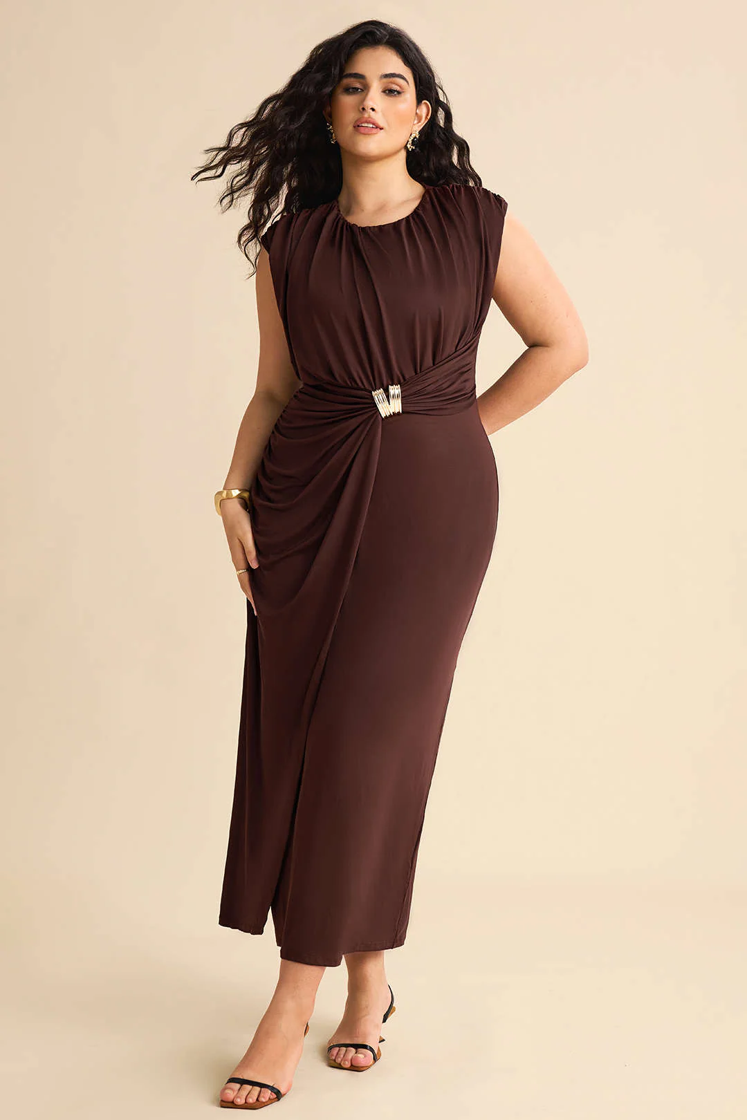 Plus Size Metallic Decorated Ruched Sleeveless Mid-length Dress