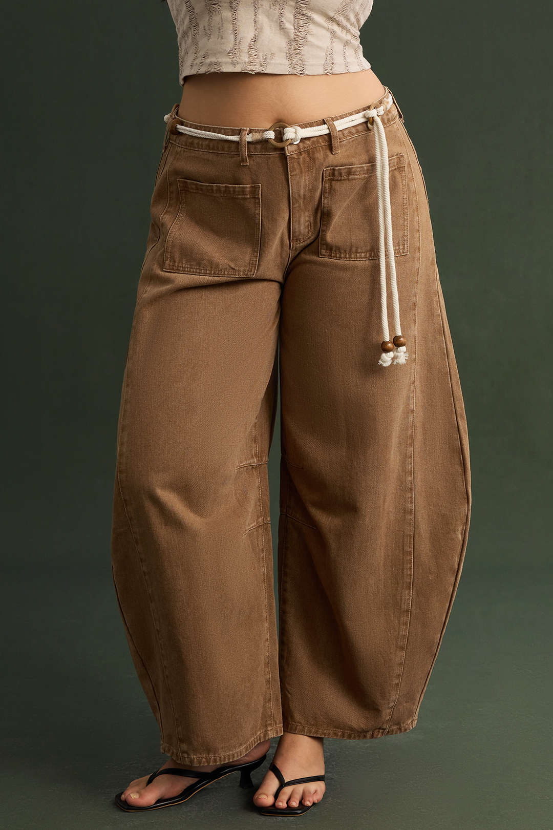 Plus Size Low Waist Beaded Belted Denim Jeans