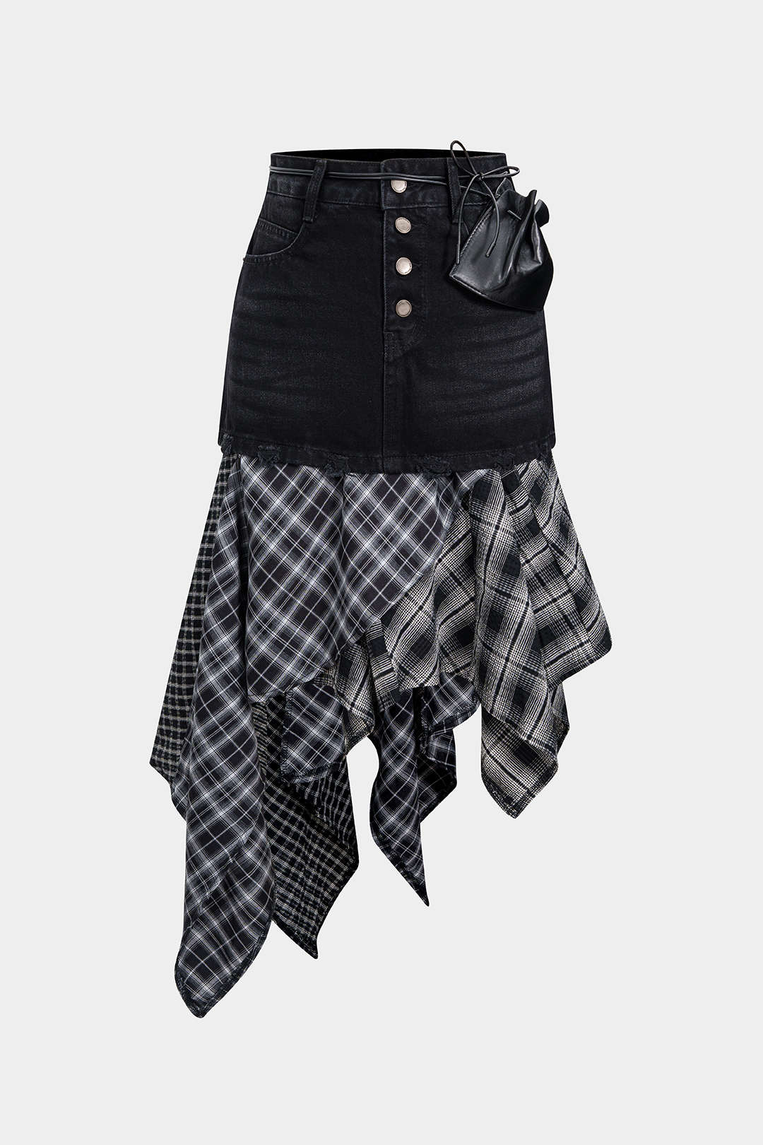 Denim Plaid Print Patchwork Asymmetrical Hem Skirt