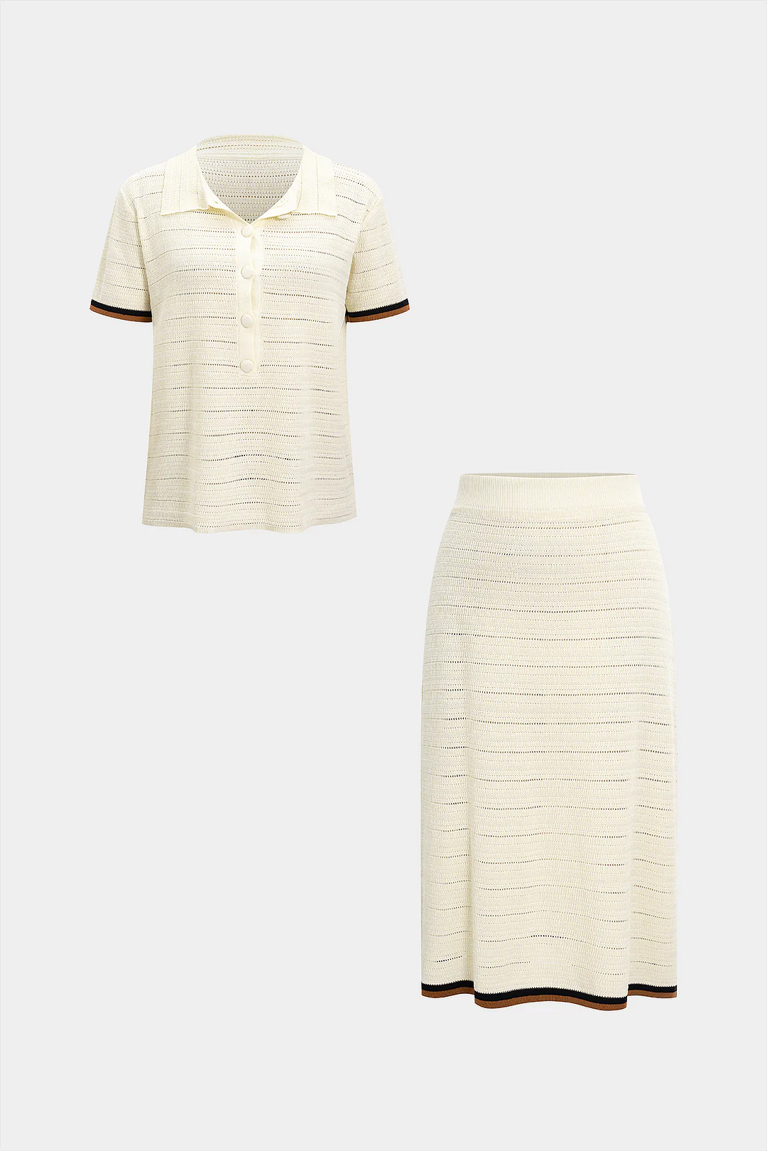 Knit Contrast Button Short Sleeve Shirt and Skirt Ensemble