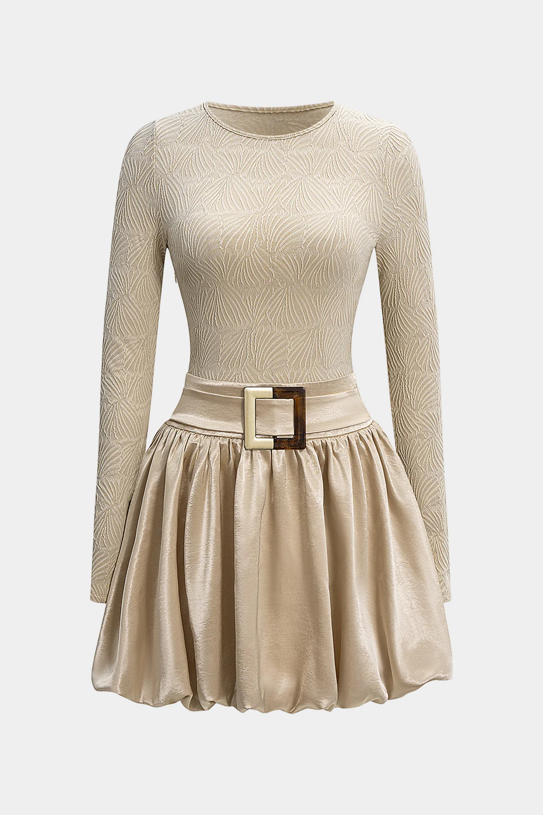 Satin Round Neck Ruched Belted Long Sleeve Mini Dress