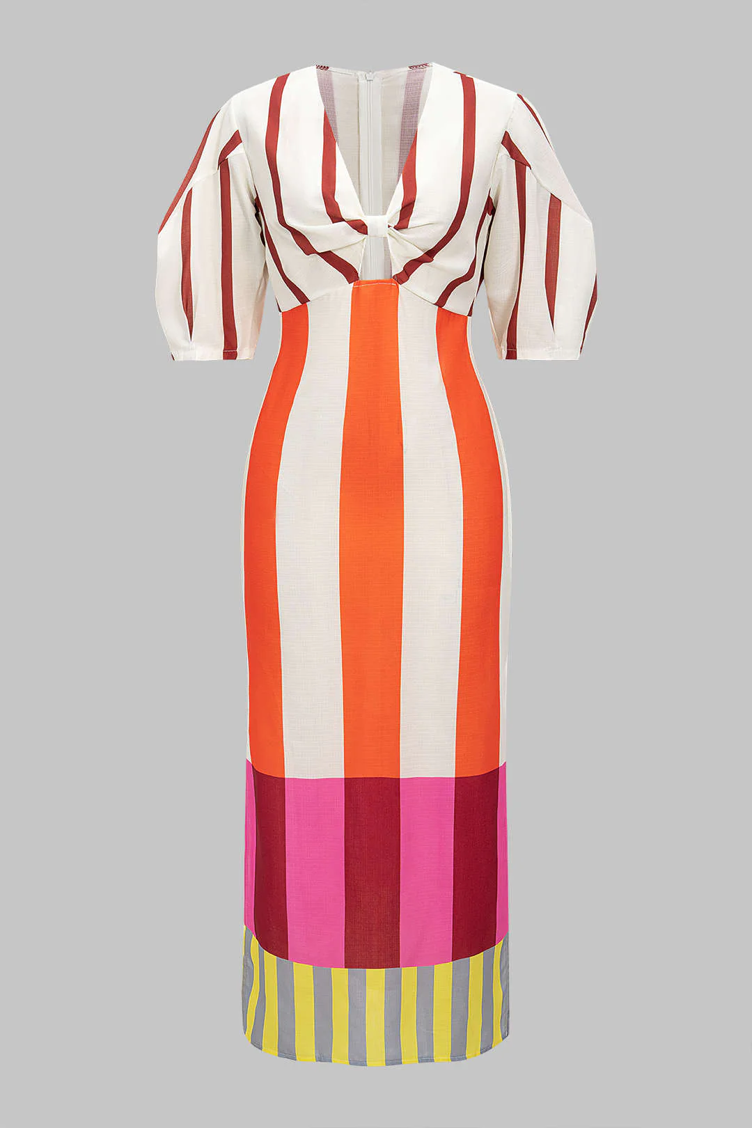Stripes Print Linen Hollow Out Short Sleeve Midi Dress