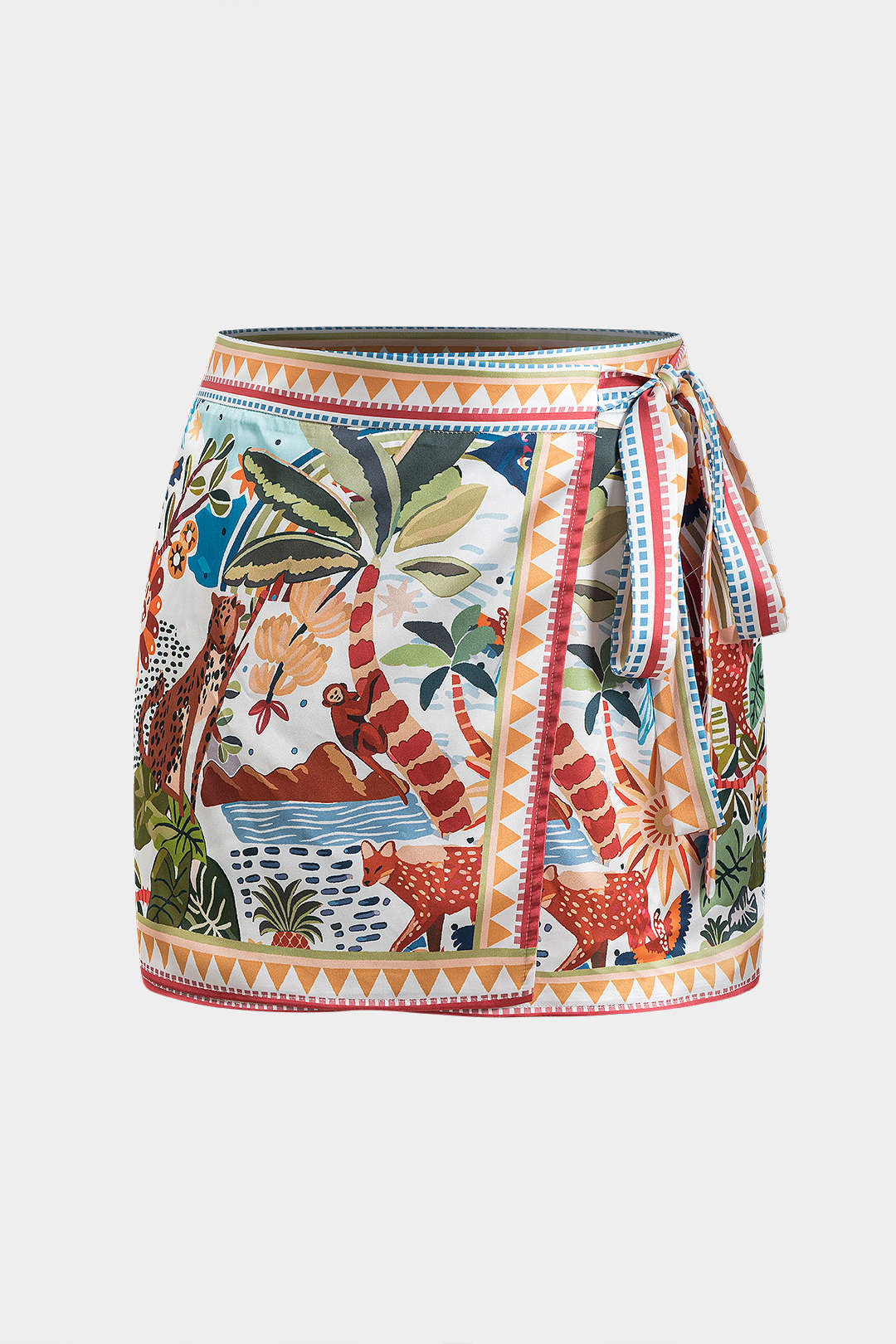 Plus Size Tropical Print Satin Tie-Front Skirt