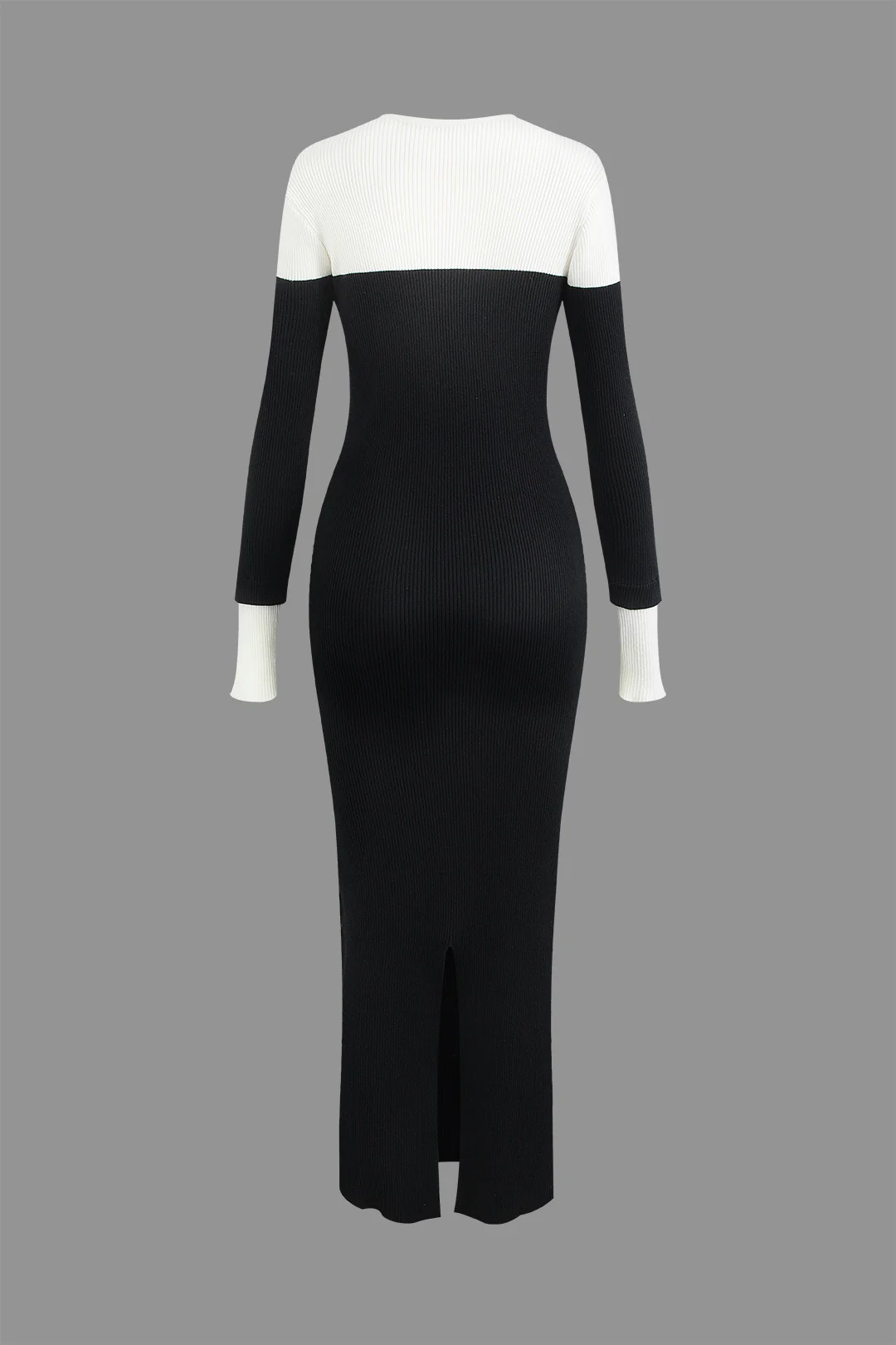 Color Block Round Neck Long Sleeve Knit Slit Maxi Dress