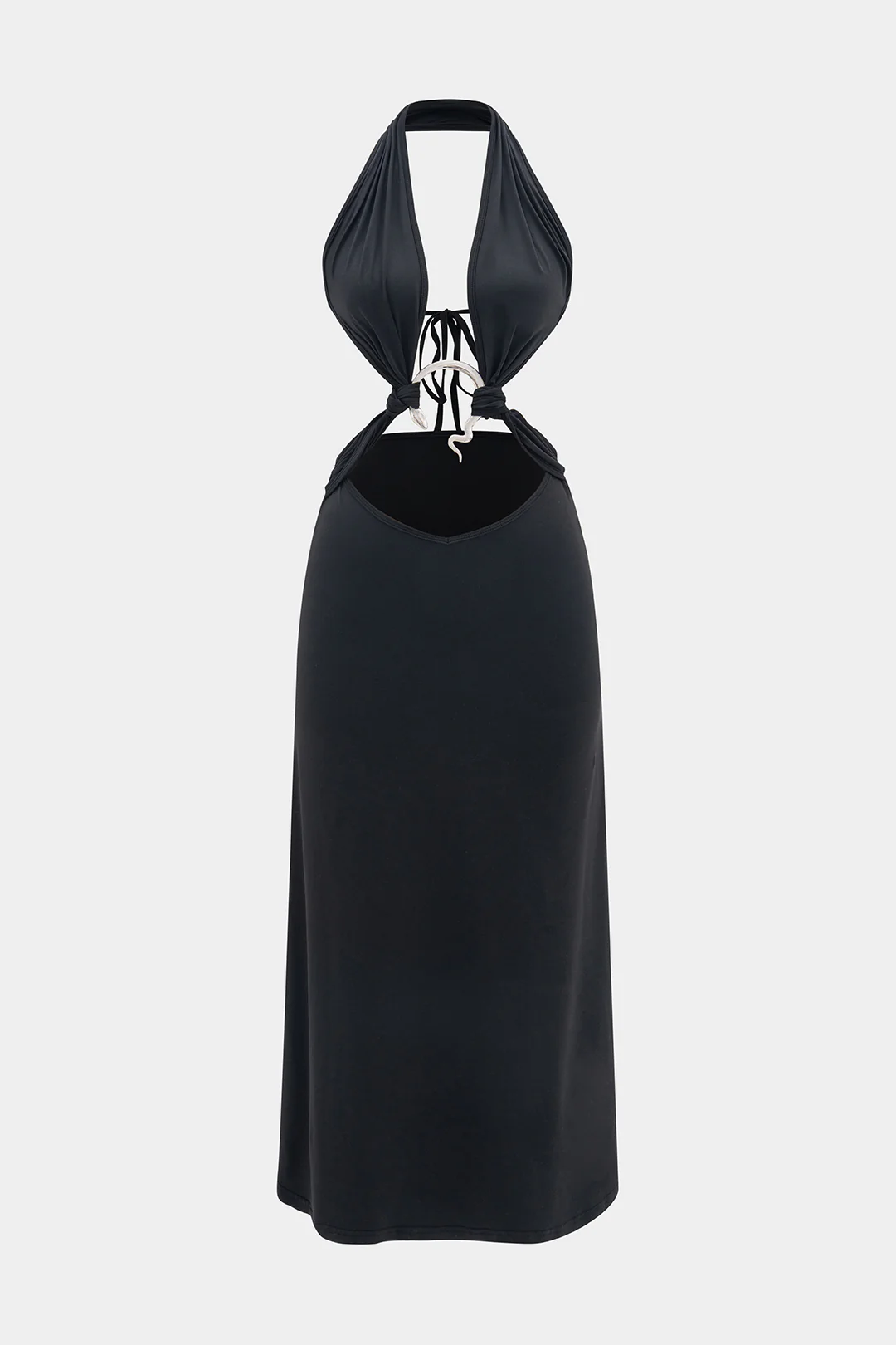 Halter V-Neck Metalic Decor Backless Sleeveless Midi Dress
