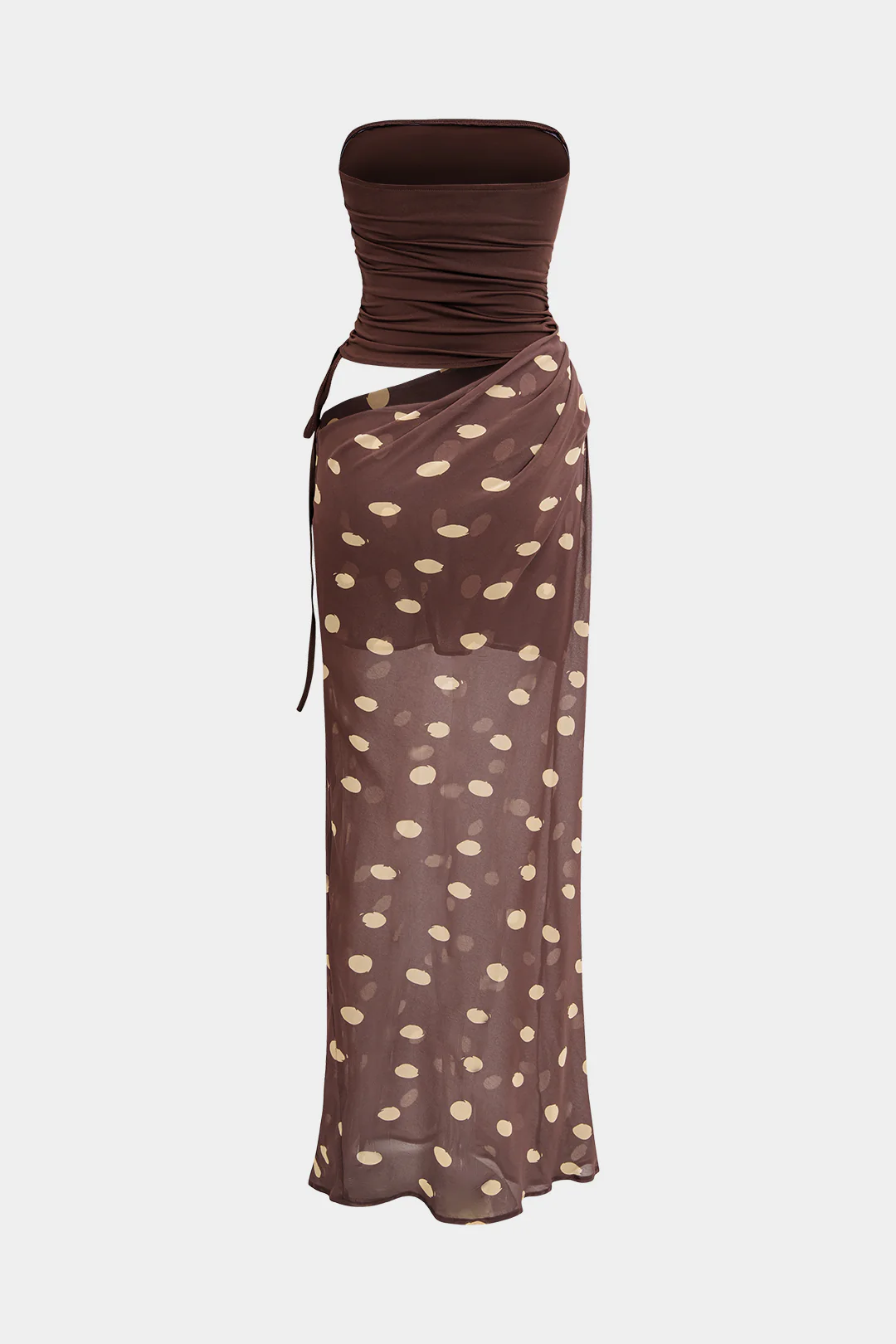 Polka Dot Print Chiffon Strapless Patchwork Ruched Drawstring Sleeveless Maxi Dress