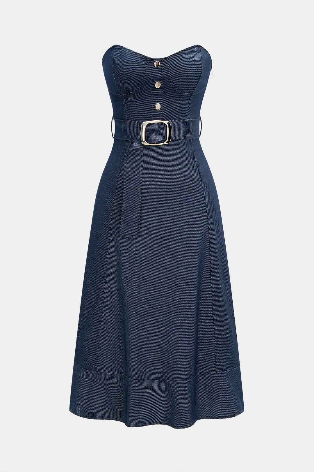 Denim Ruched Belted Strapless Sleeveless Women's Dress