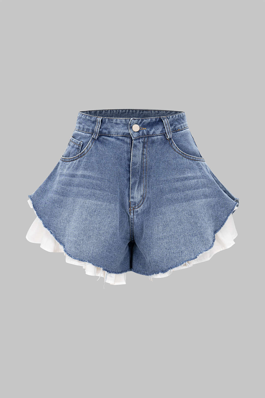 Denim Patchwork Frayed Wide-Leg Shorts