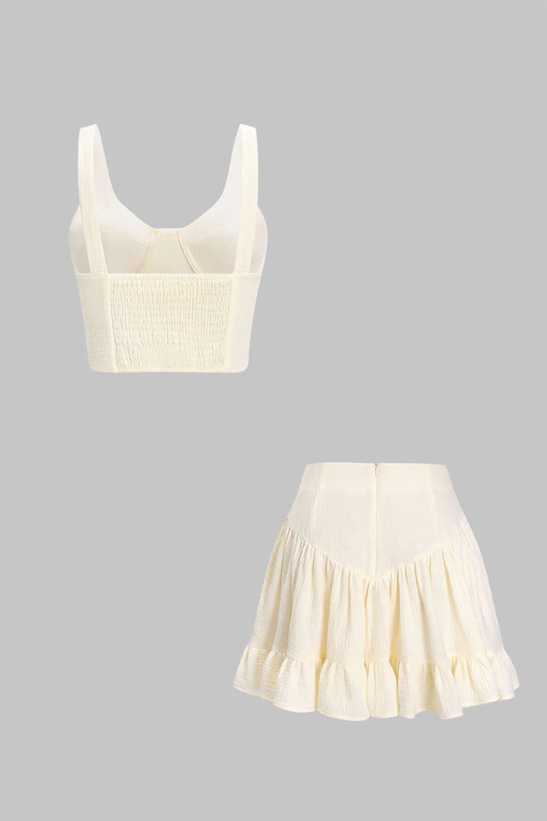 Button Bustier Shirred Tank Top and Ruched Skirt Outfit Set