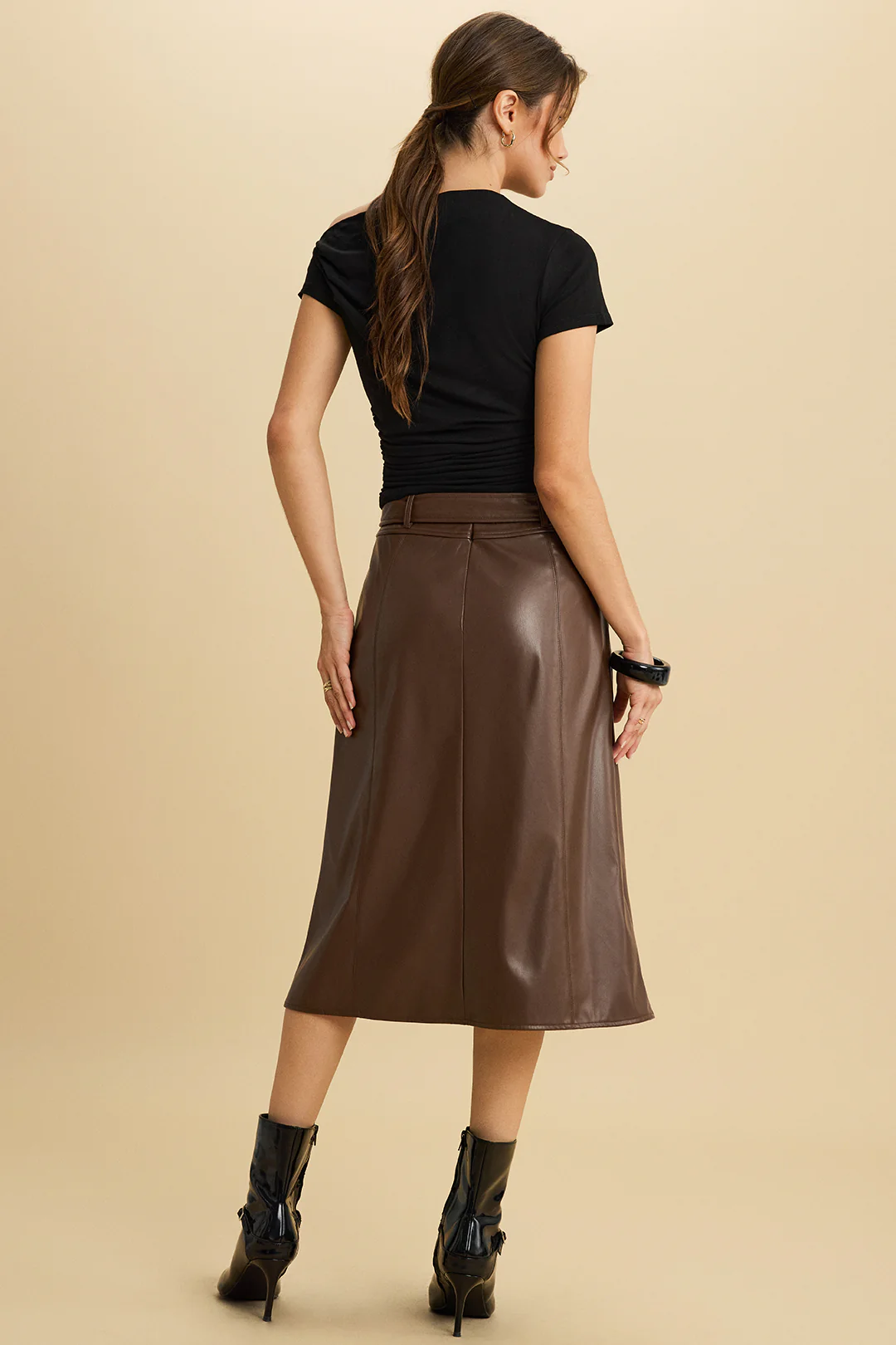 Faux Leather Bow High Waist Belted Skirt