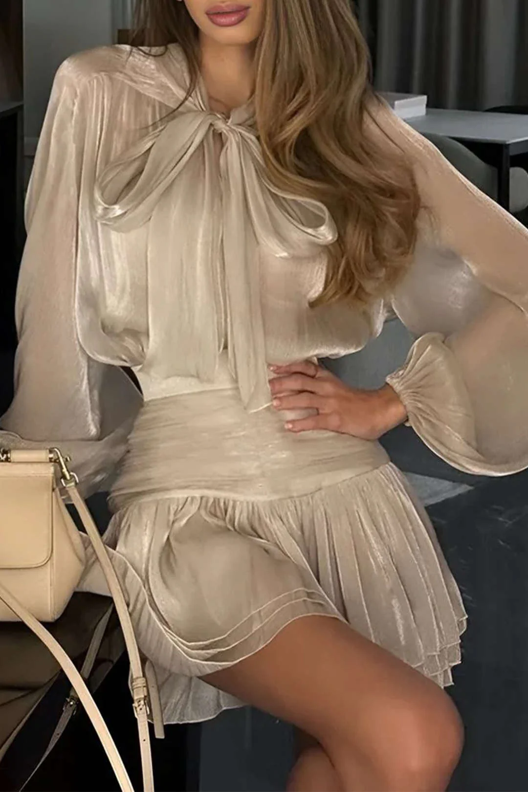 Bow Tie-Up Long-Sleeve Top And Ruched Mini Skirt Set