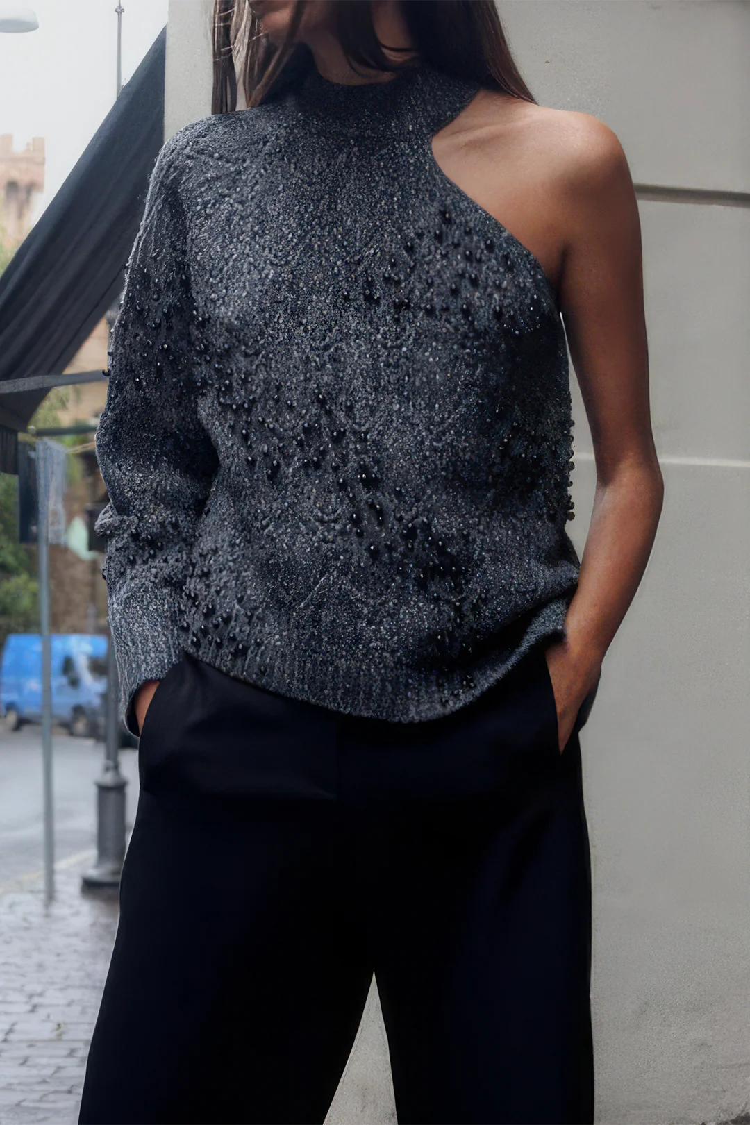 Knit Beaded Asymmetrical One Shoulder Top