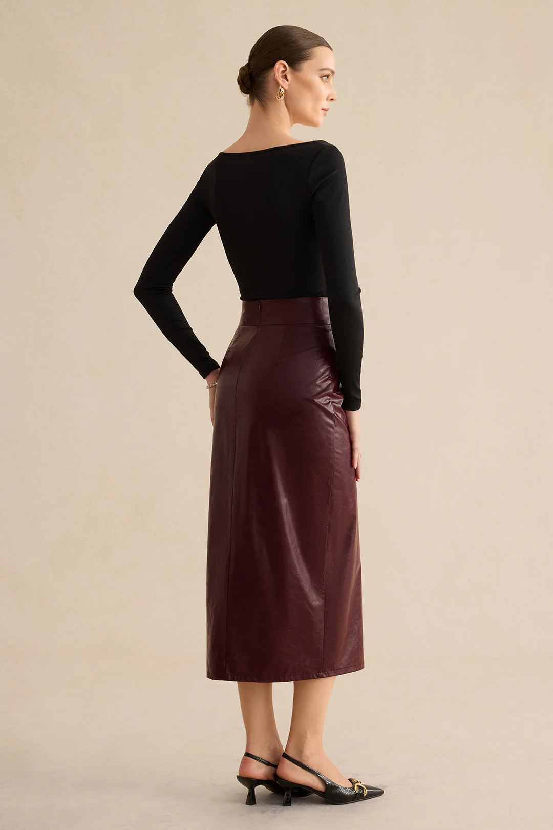 Faux Leather Side-Slit Skirt