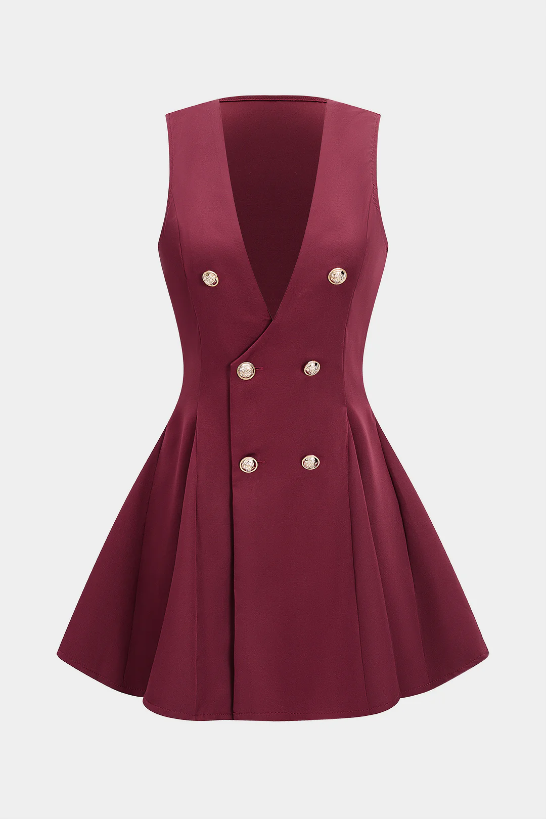 Pleated Button V-Neck Sleeveless Mini Dress