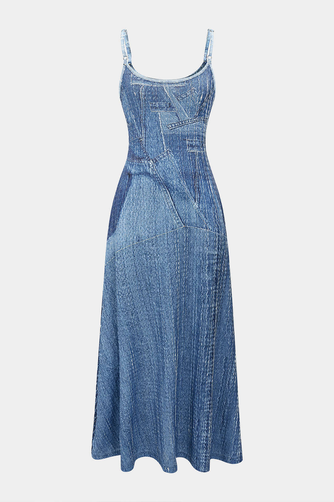 Denim Pattern Slip Sleeveless Floor-Length Dress