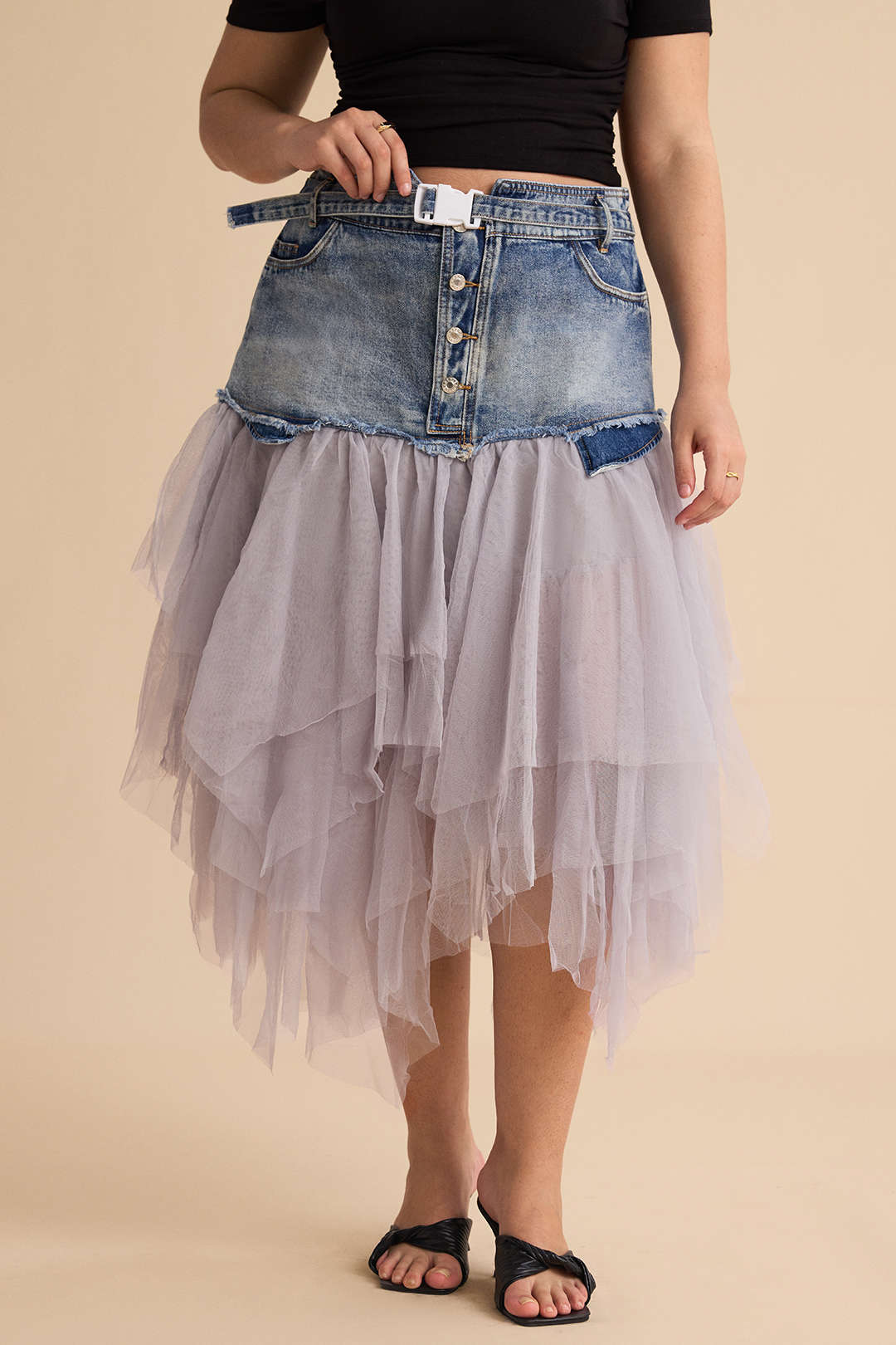 Plus Size Denim Mesh Patchwork High-Waisted Skirt