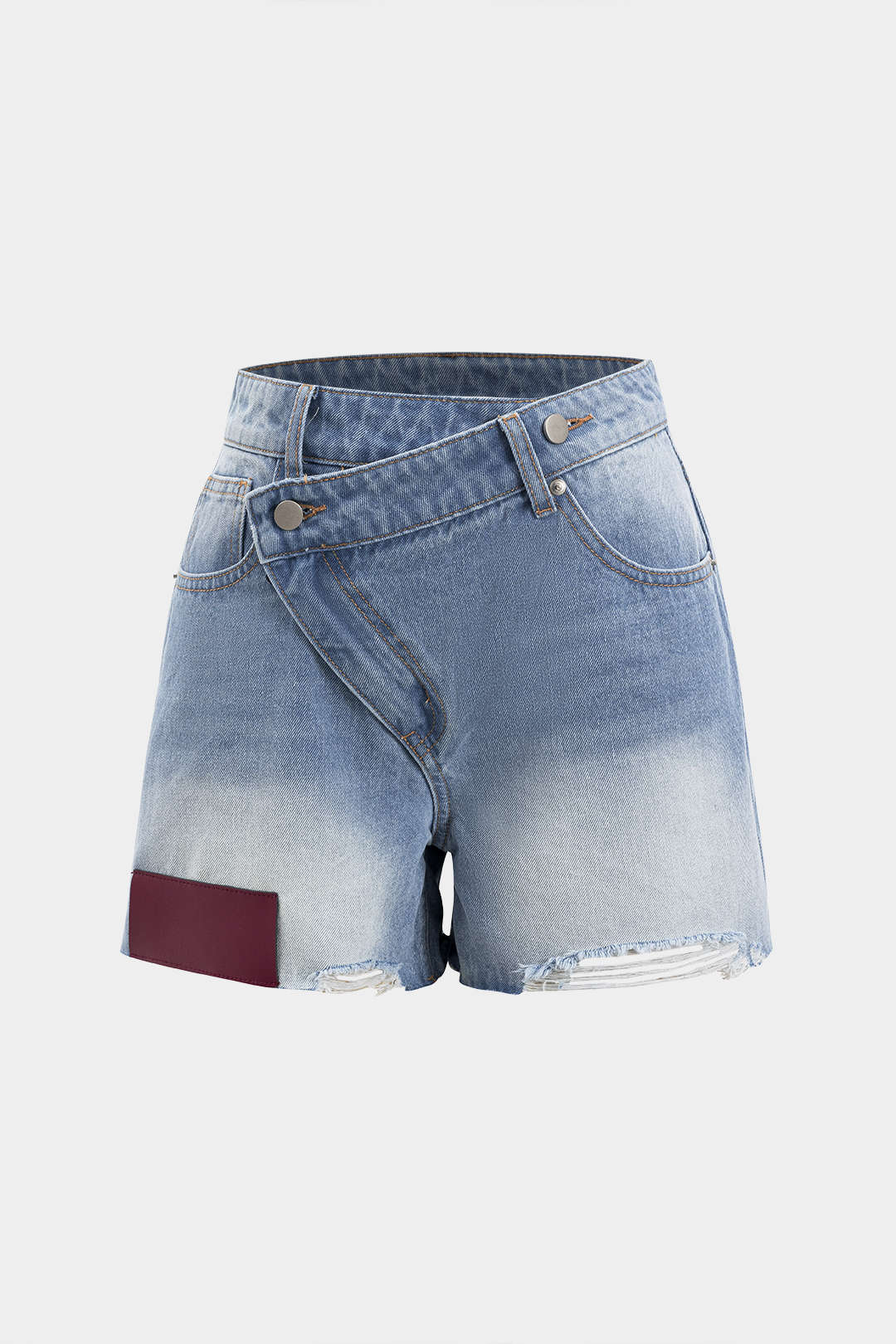 Asymmetrical Button Pocket Ripped Denim Shorts