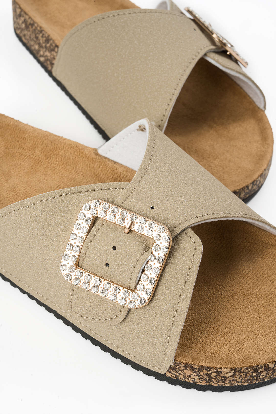 Faux Leather Metallic Buckle Open Toe Slippers