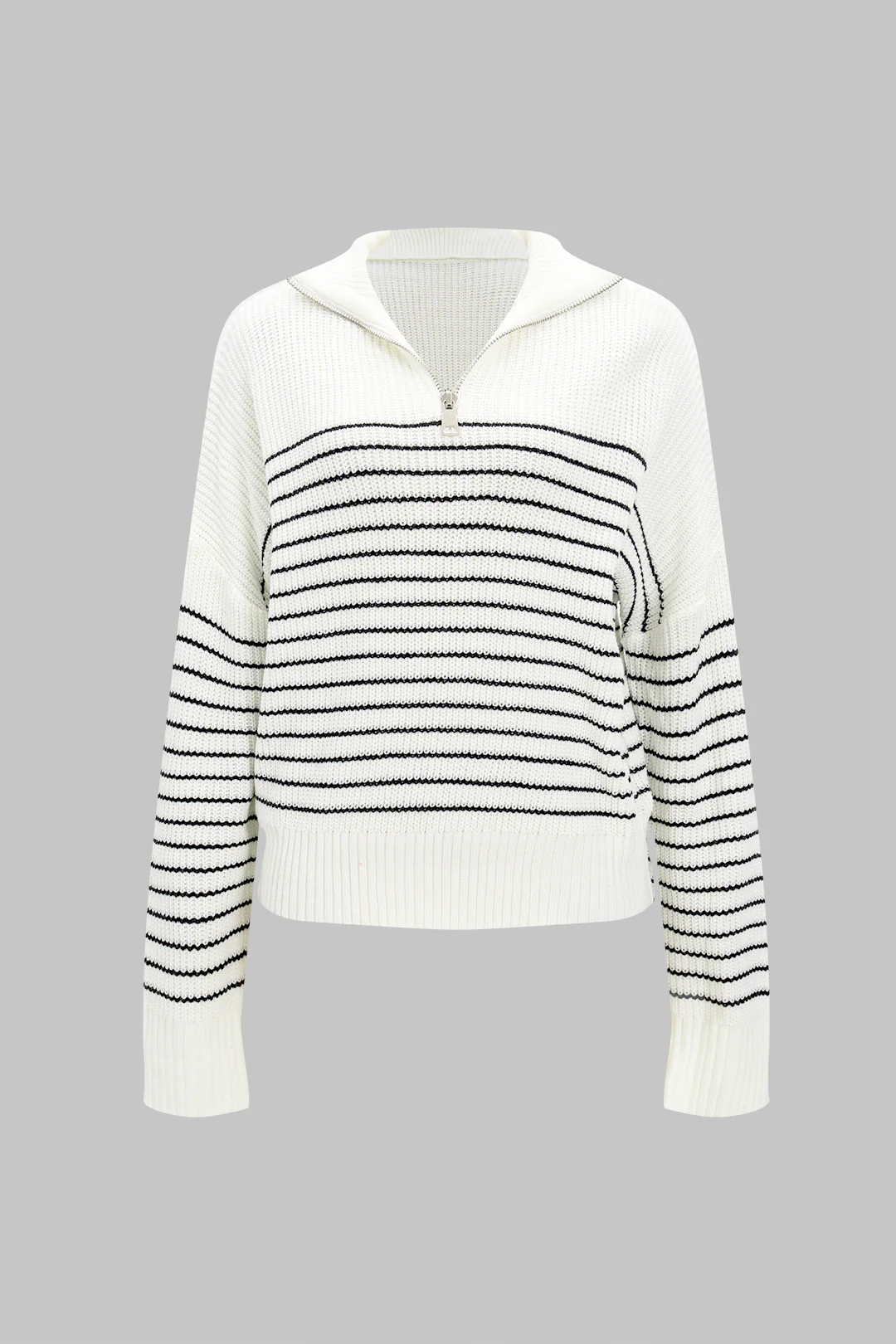 Knit Stripes Print Zipper Long-Sleeve Top