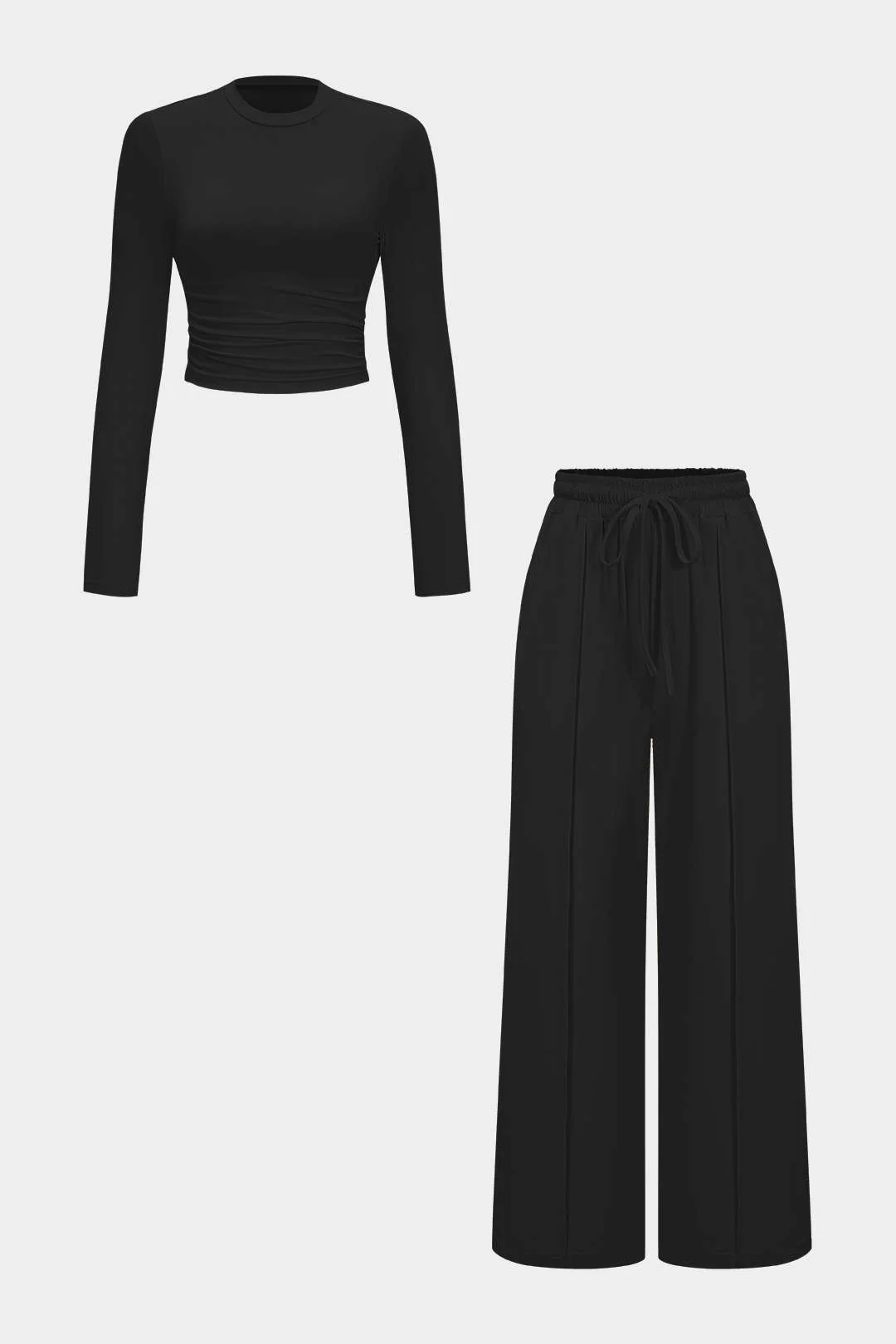 Ruched Long Sleeve Top and Tie-up High Waist Wide Leg Trousers Outfit Set