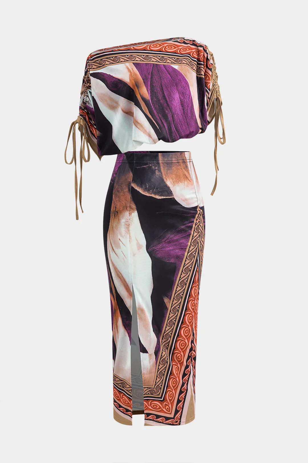 Abstract Floral Print Long Sleeve Top and Midi Skirt Combo