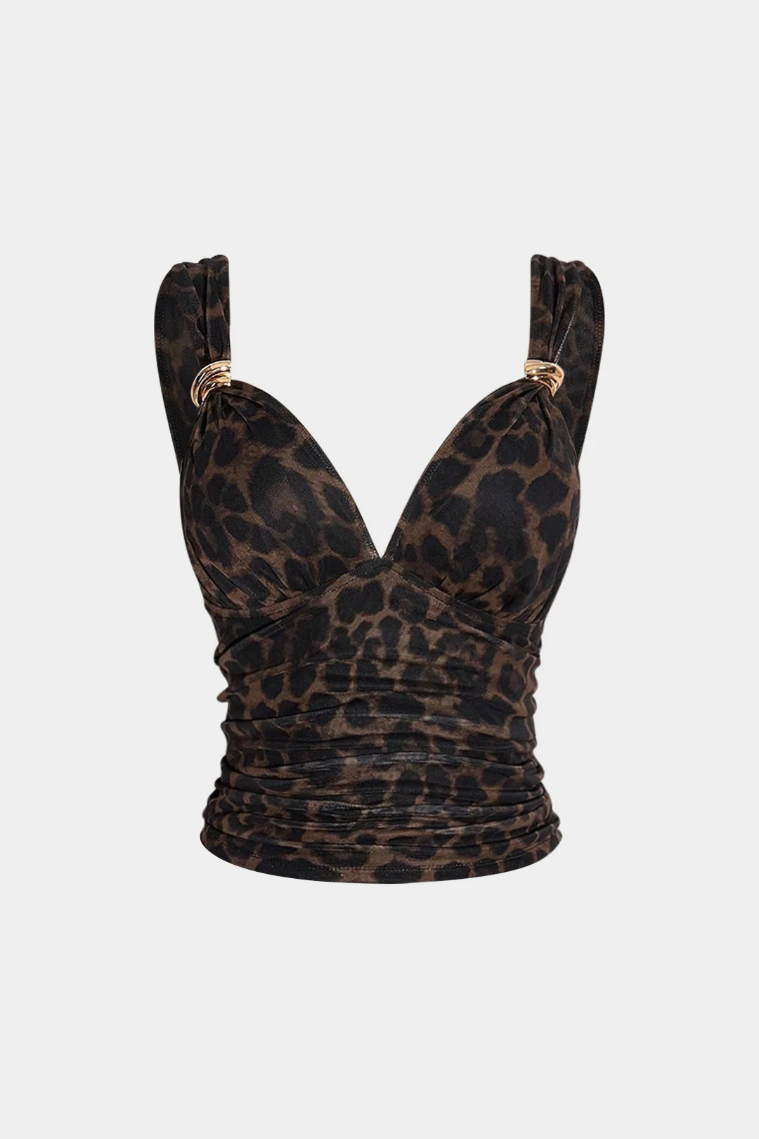 Leopard Print Mesh Ruched Metallic Decor Cami Top