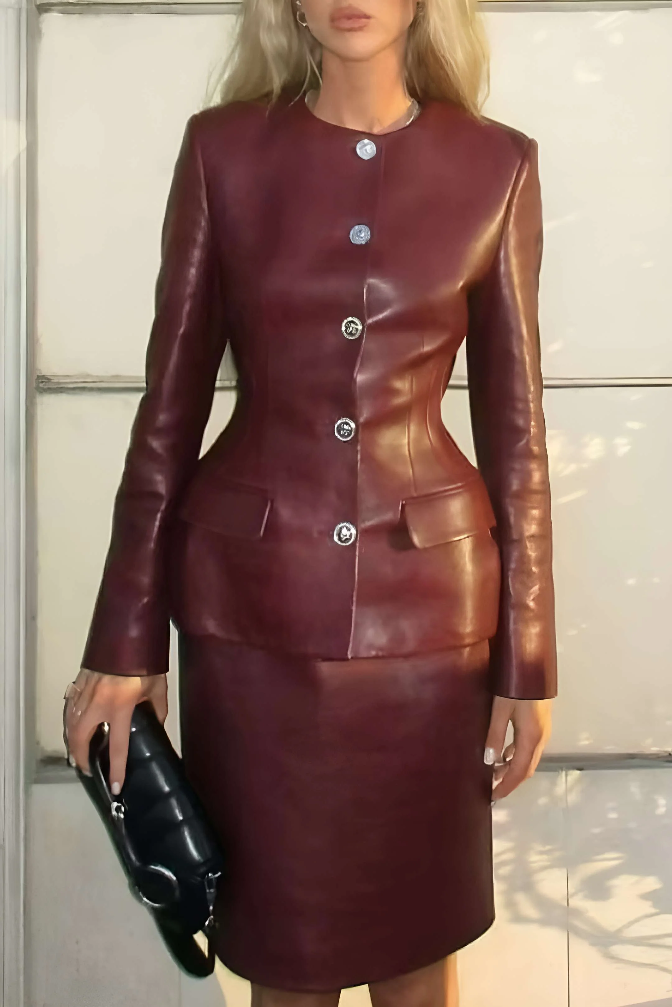 Solid Button Zipper Skirt Ensemble